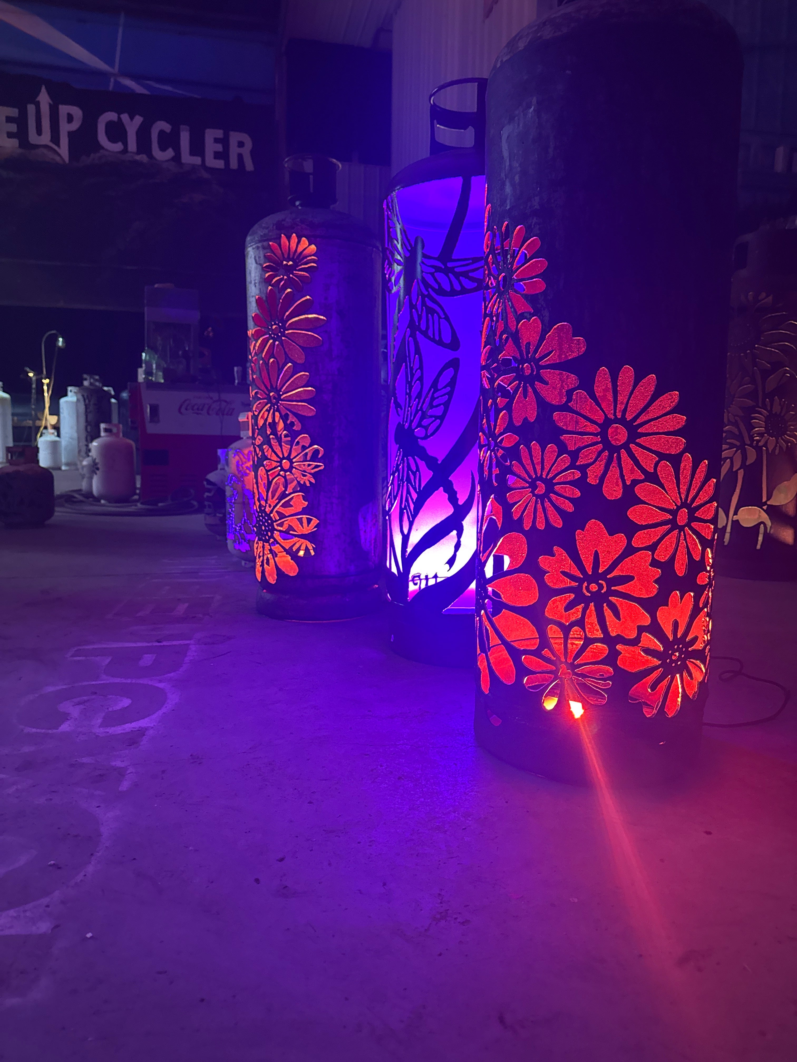 100lb Upcycled Patio Lantern, Left And Right Floral Patina (one of each, dragonfly lantern not included)