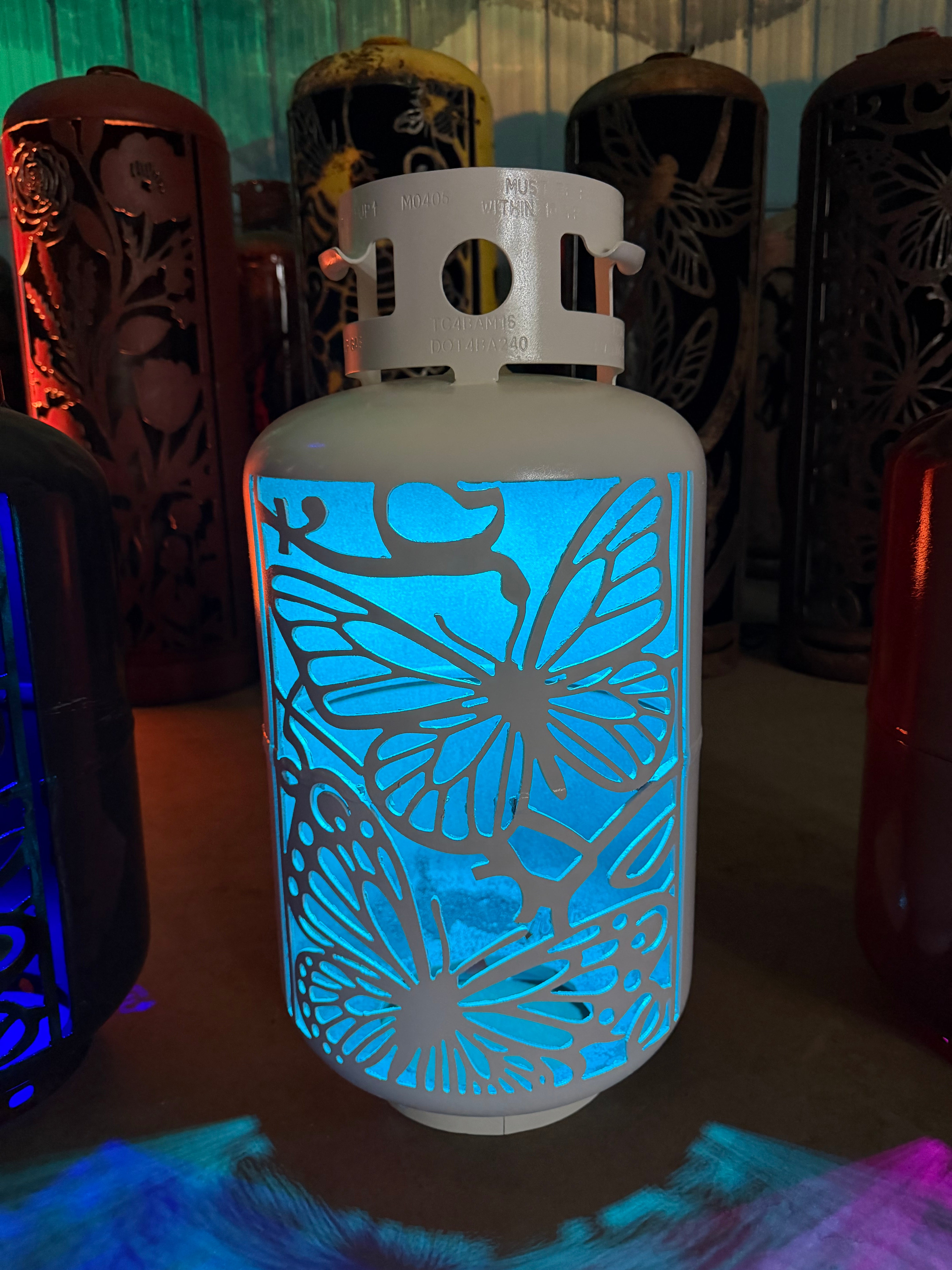 30lb Upcycled Patio Lantern, Mariposa 2 Butterfly Painted White