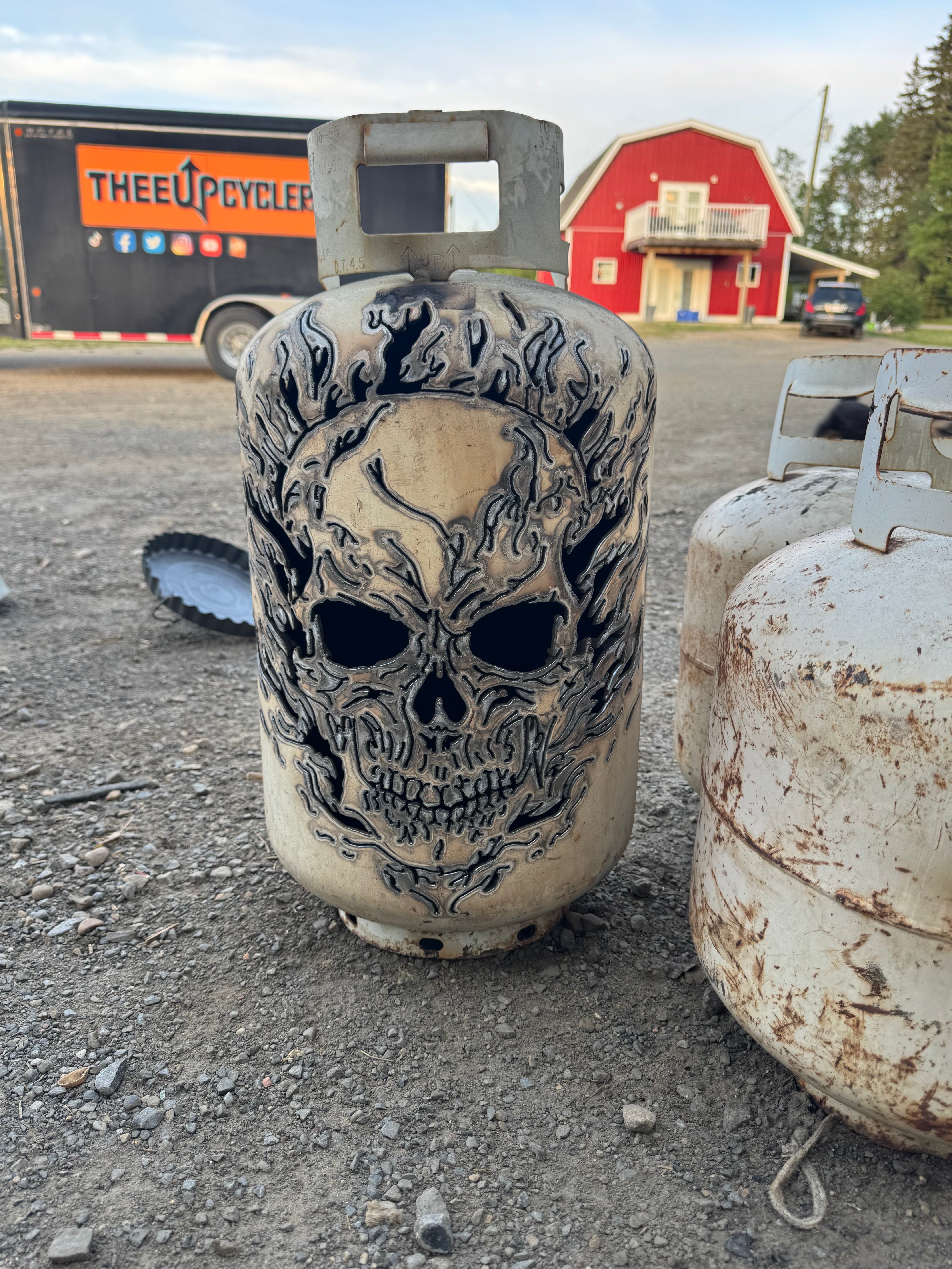 30lb Upcycled Patio Lantern, Flaming skull