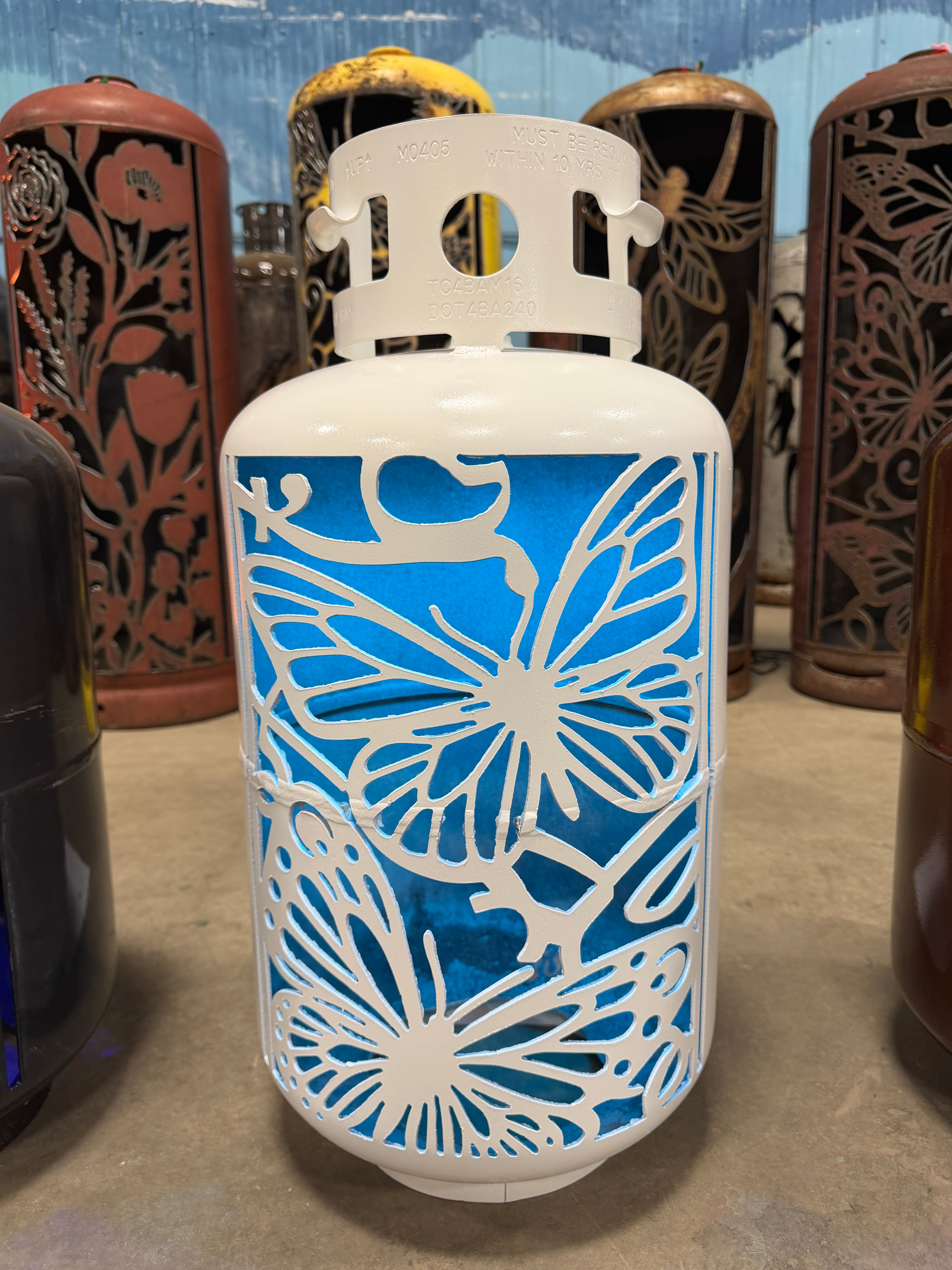 30lb Upcycled Patio Lantern, Mariposa 2 Butterfly Painted White