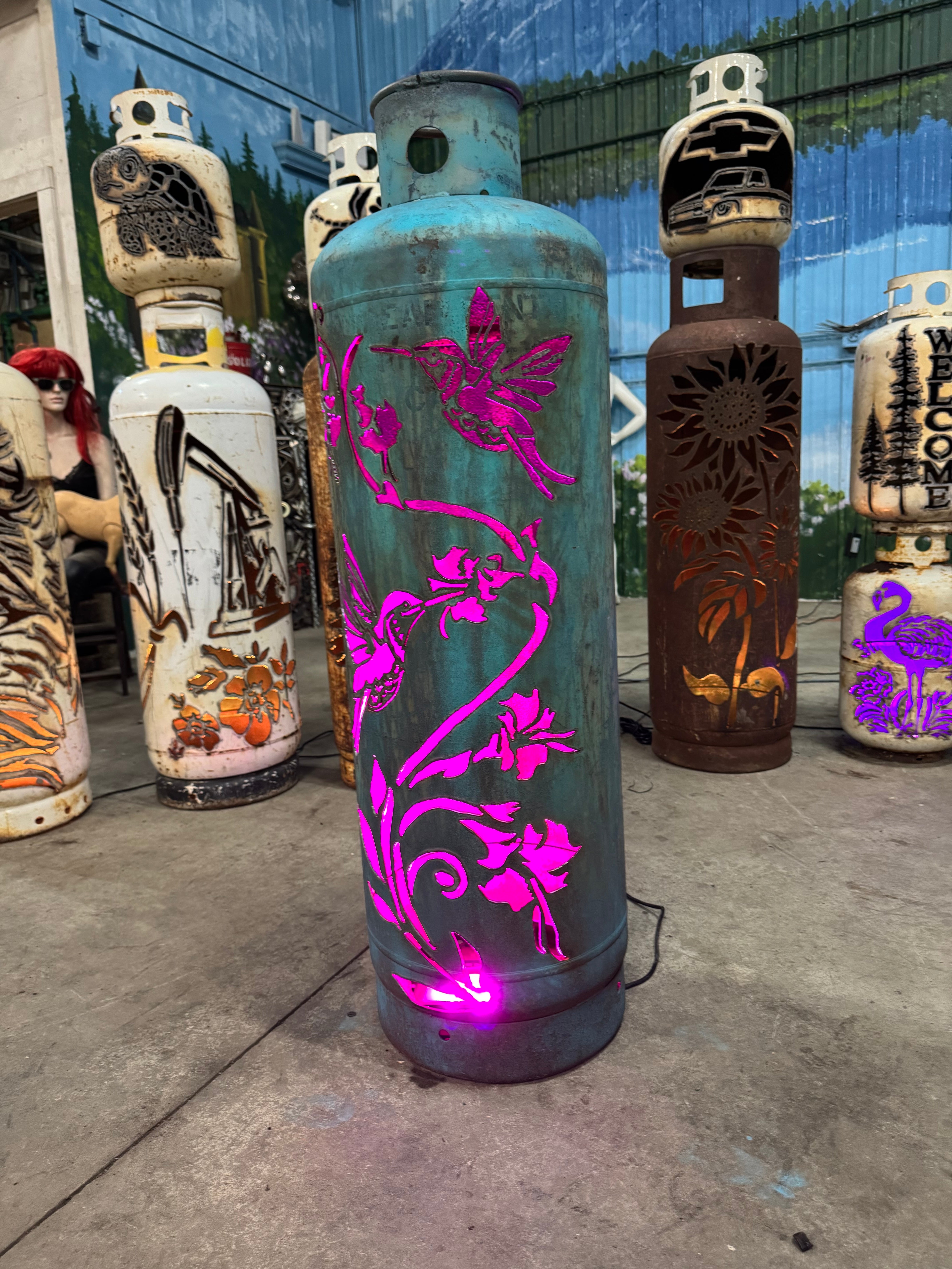 100lb Upcycled Patio Lantern, Tiffany Blue Patina Hummingbird