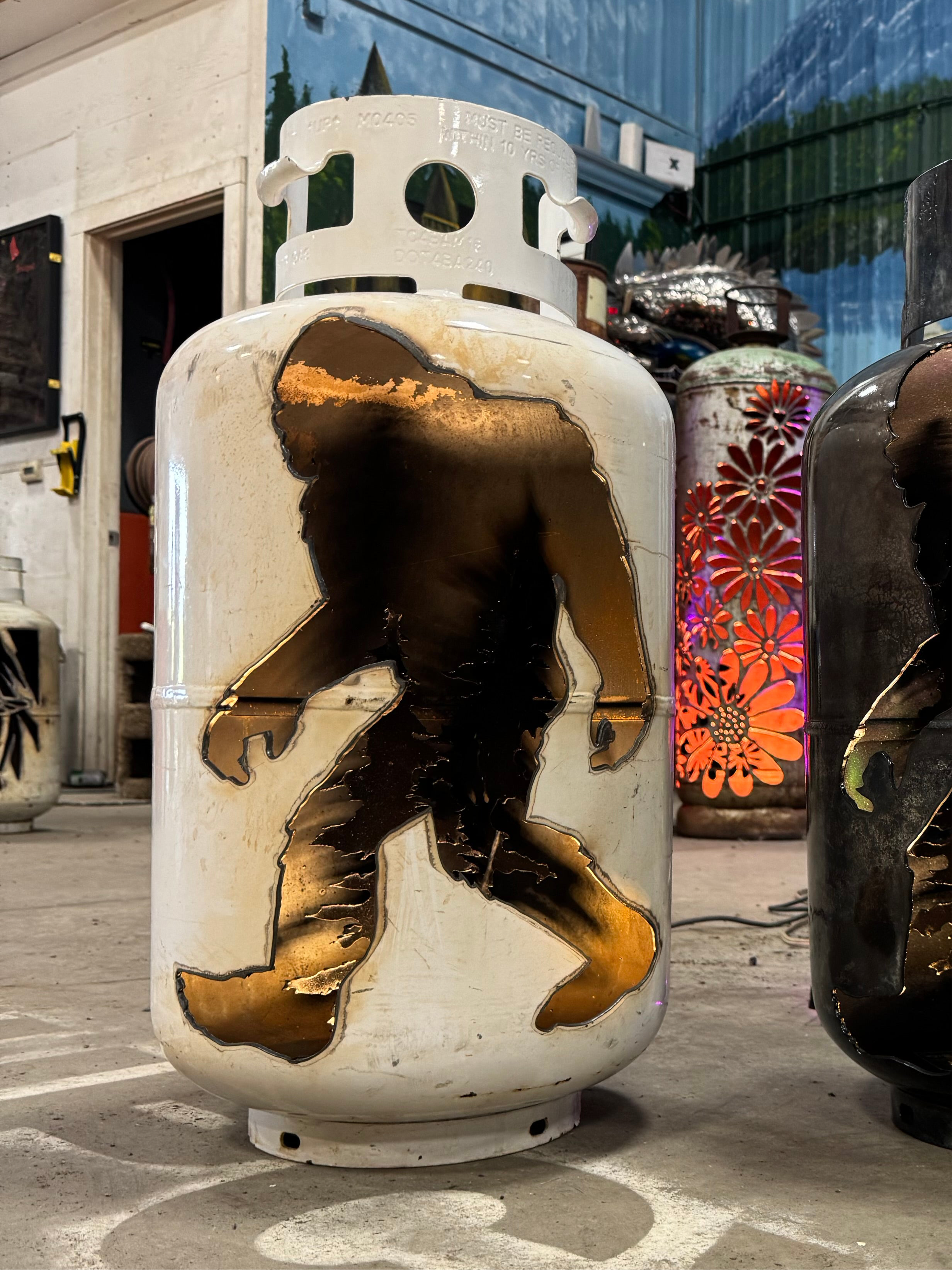 30lb Upcycled Patio Lantern, BigFoot Sasquatch with Trees inside