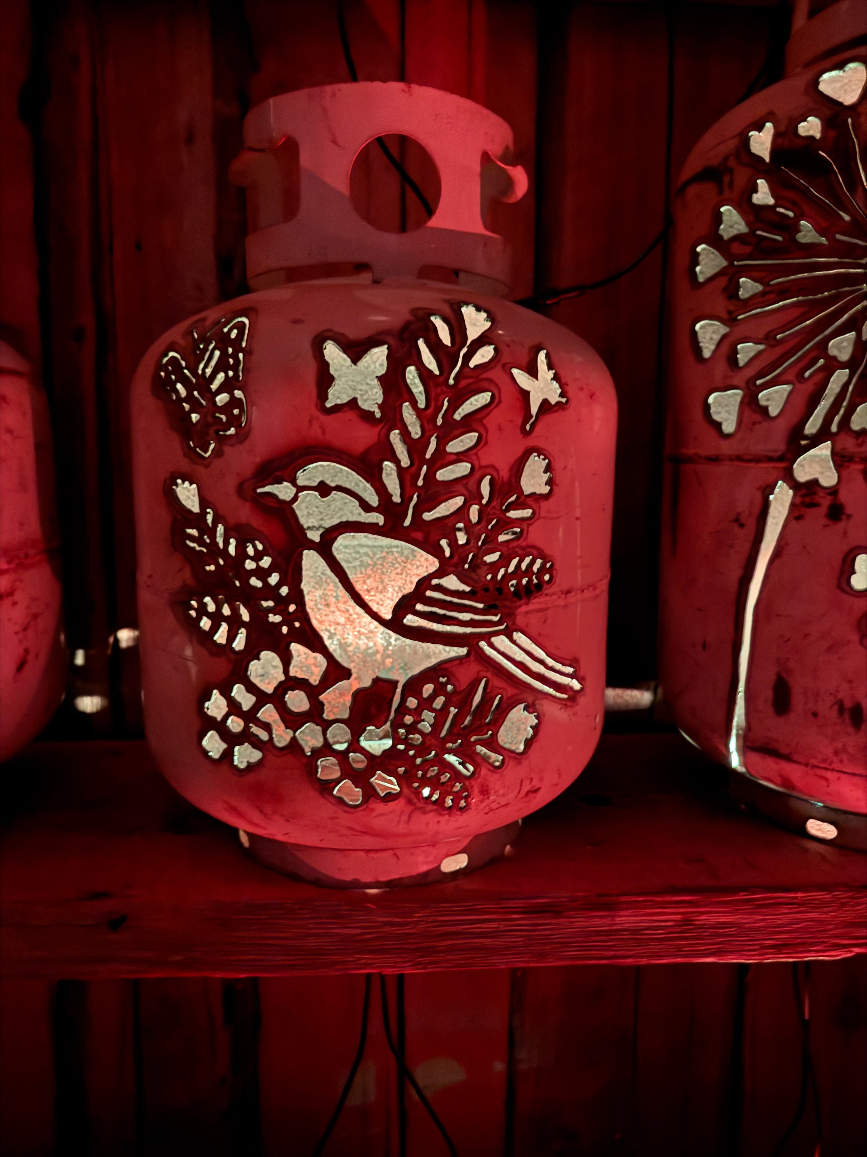 20lb Upcycled Patio Lantern, Floral Cardinal