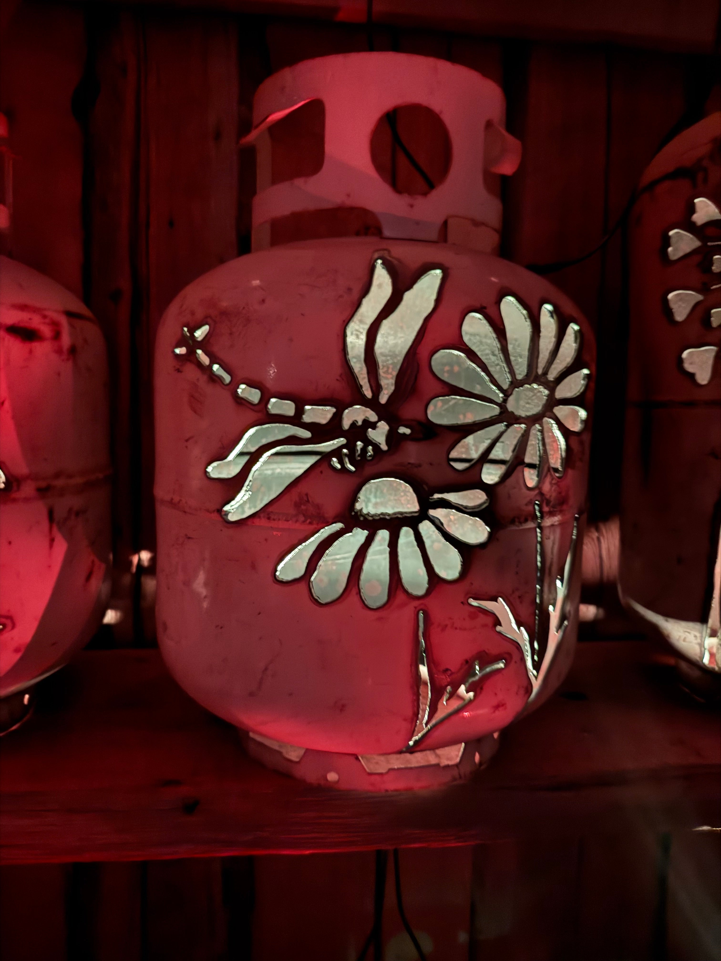 20lb Upcycled Patio Lantern, Double Daisy and Dragonfly