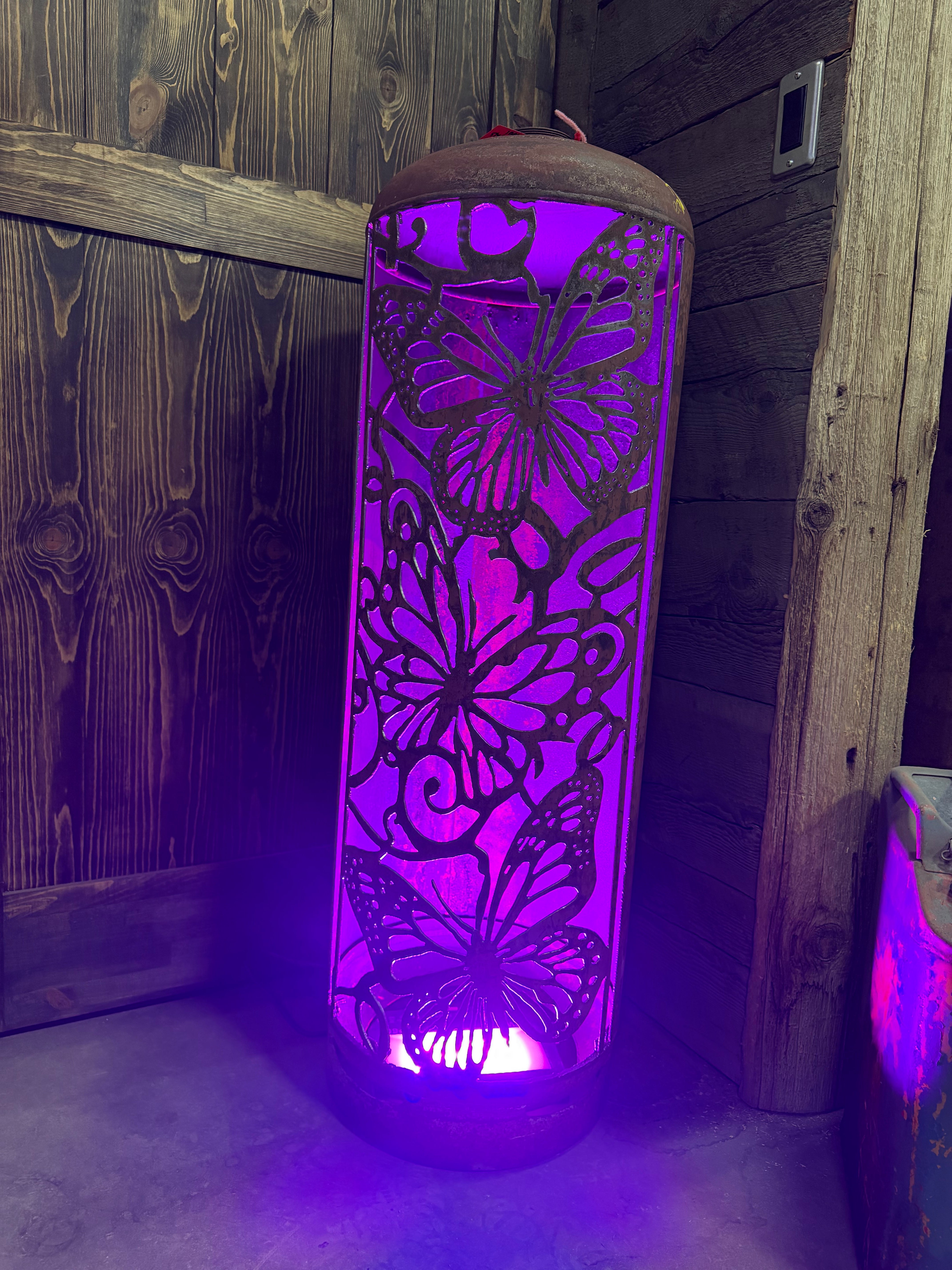100lb Upcycled Patio Lantern, Mariposa 3 Butterfly Lantern Natural Finish