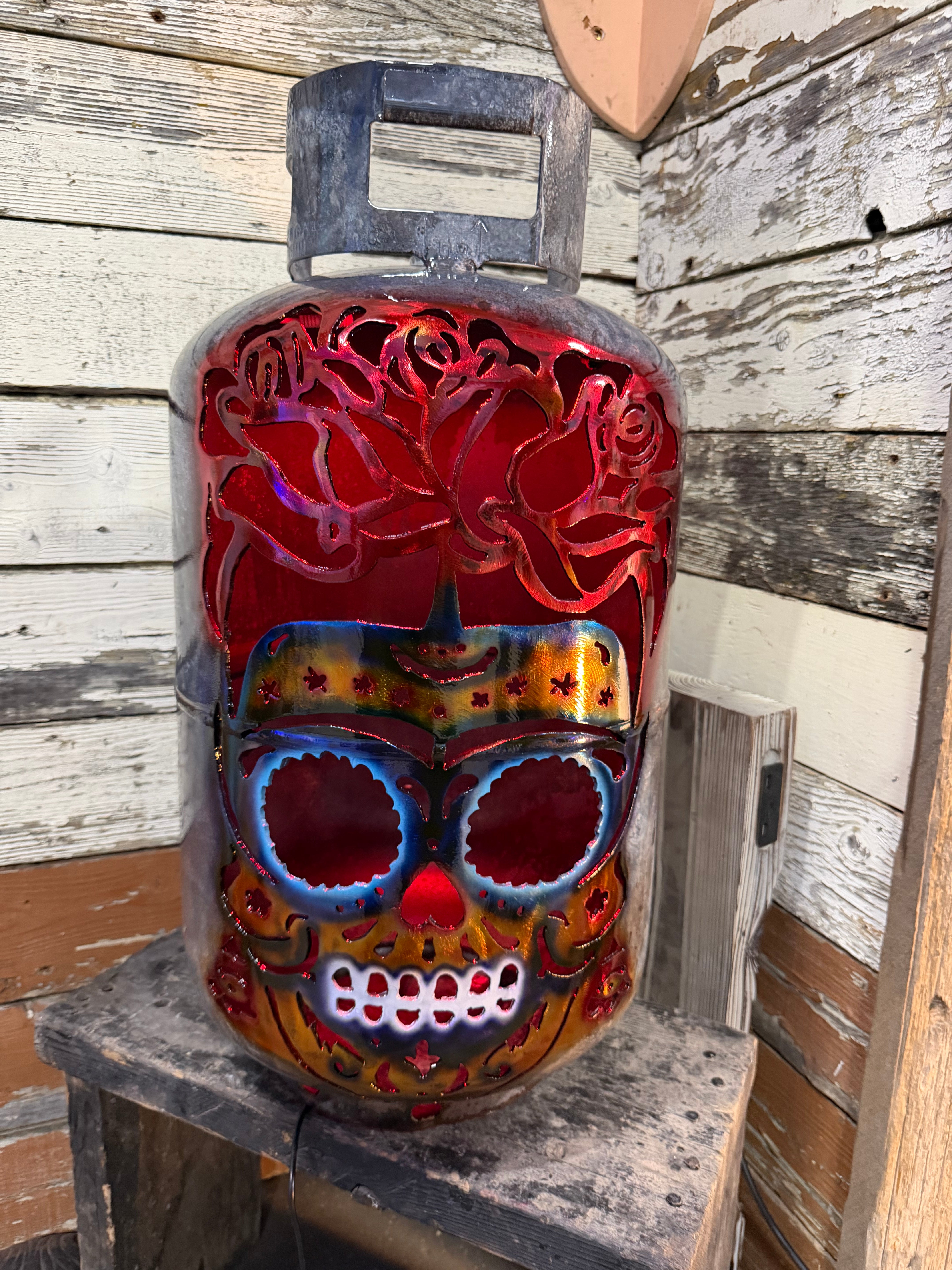 30lb Upcycled Patio Lantern, Still - thee Rose Grows Sugar Skull