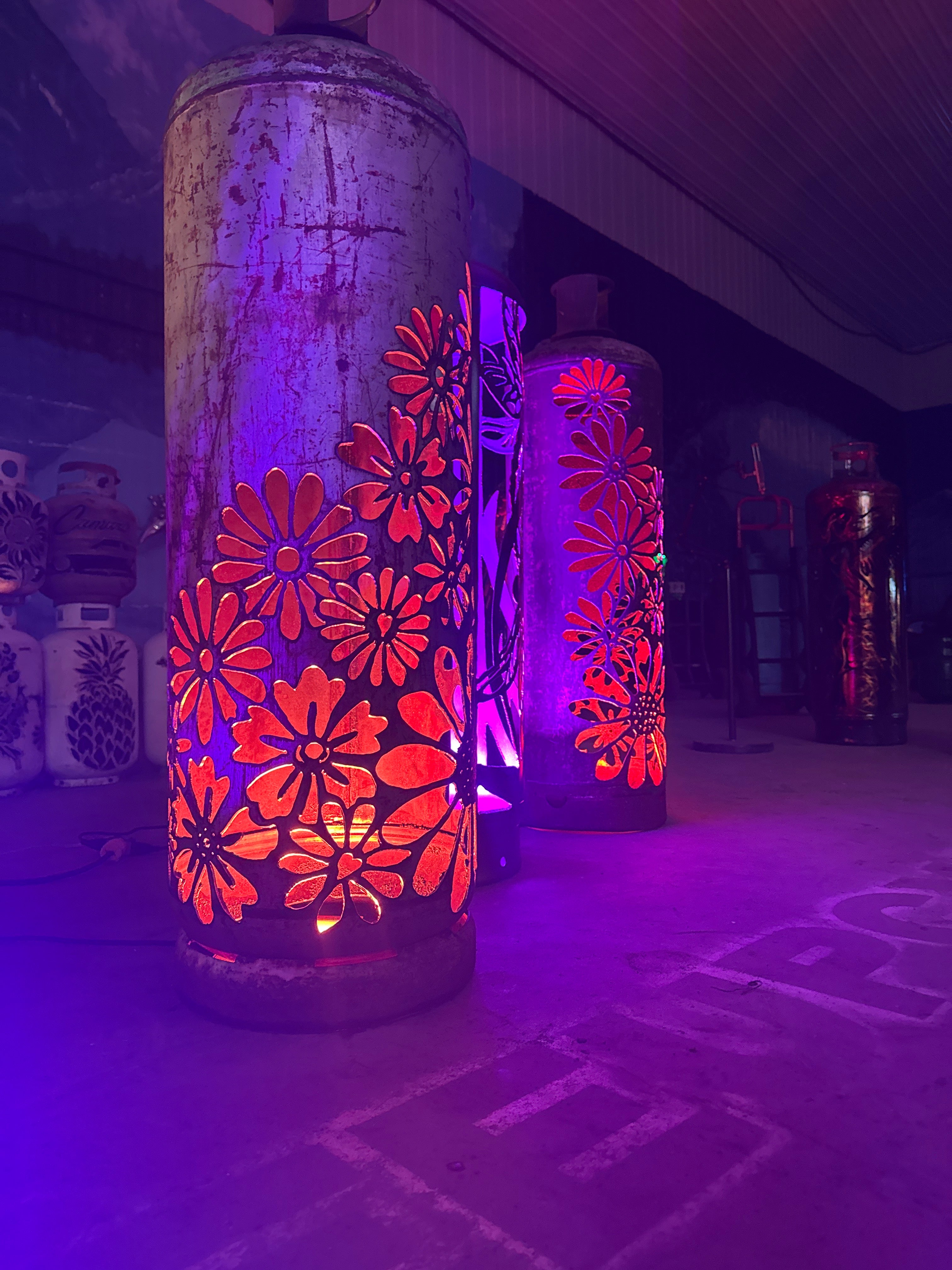 100lb Upcycled Patio Lantern, Left And Right Floral Patina (one of each, dragonfly lantern not included)