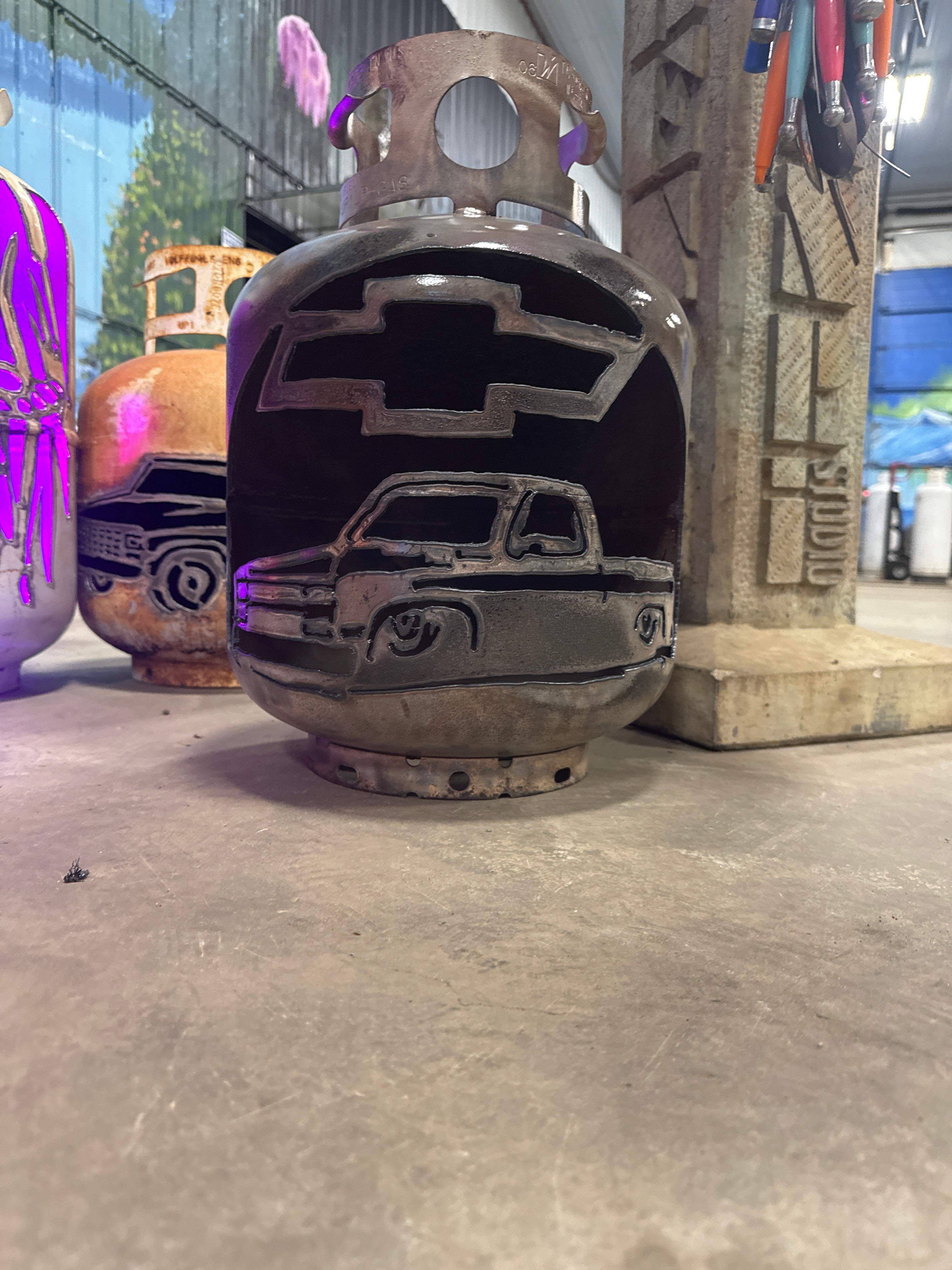20lb Upcycled Patio Lantern, Chevy Square Body with burnt patina finish and clear coat