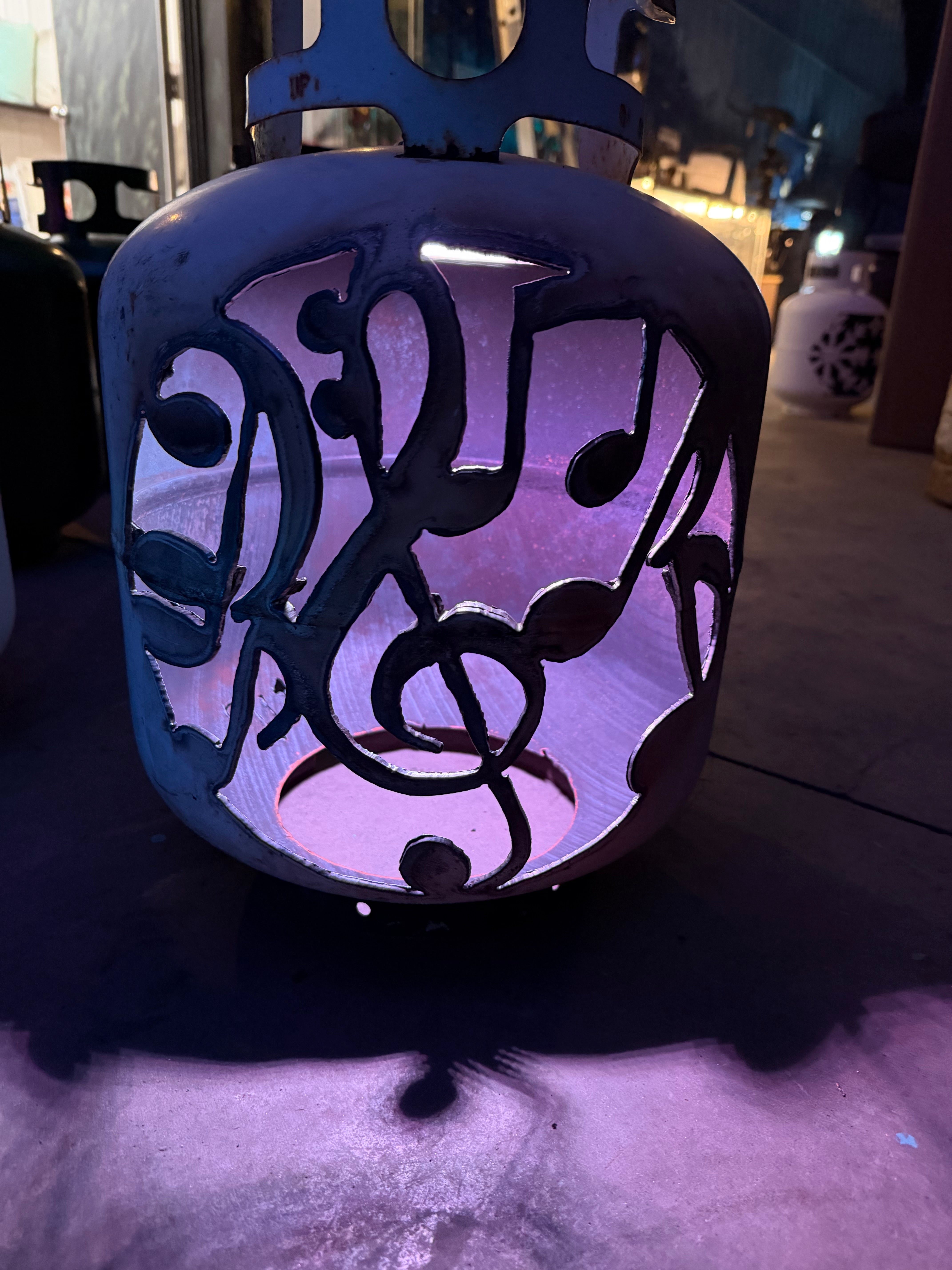 20lb Upcycled Patio Lantern, Treble-Clef Music Notes Natural Finish
