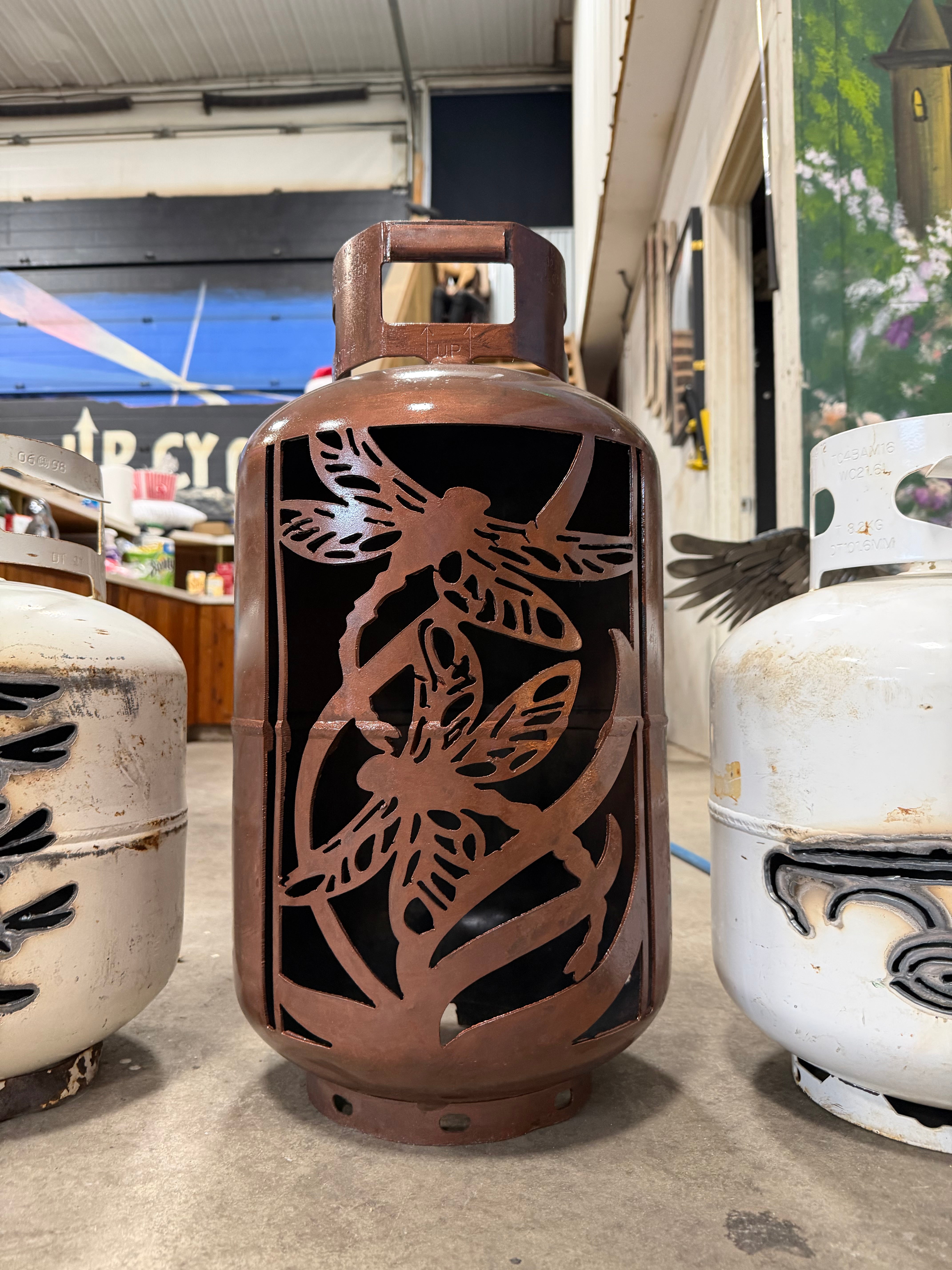 30lb Upcycled Patio Lantern, Double Dragonfly Copper Patina