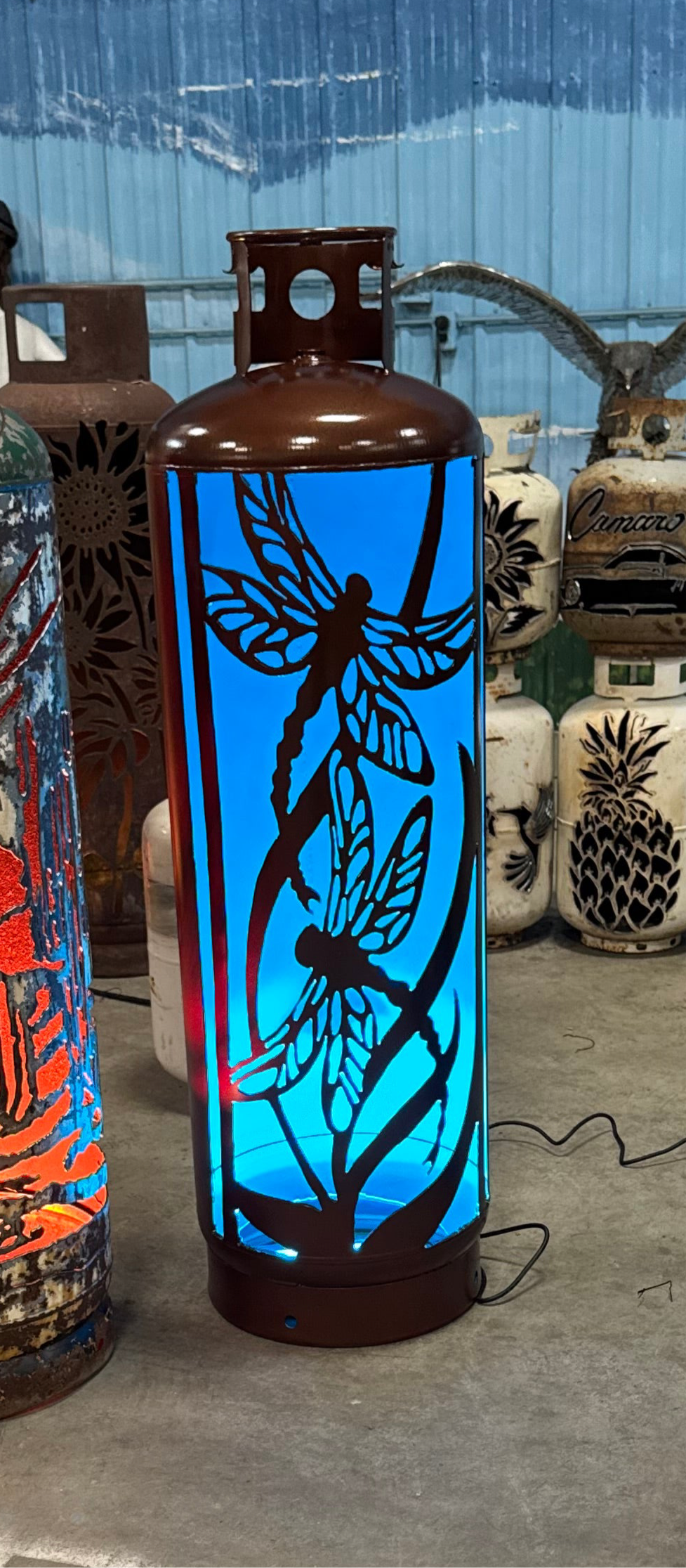 100lb Upcycled Patio Lantern, Dragonfly Painted Copper