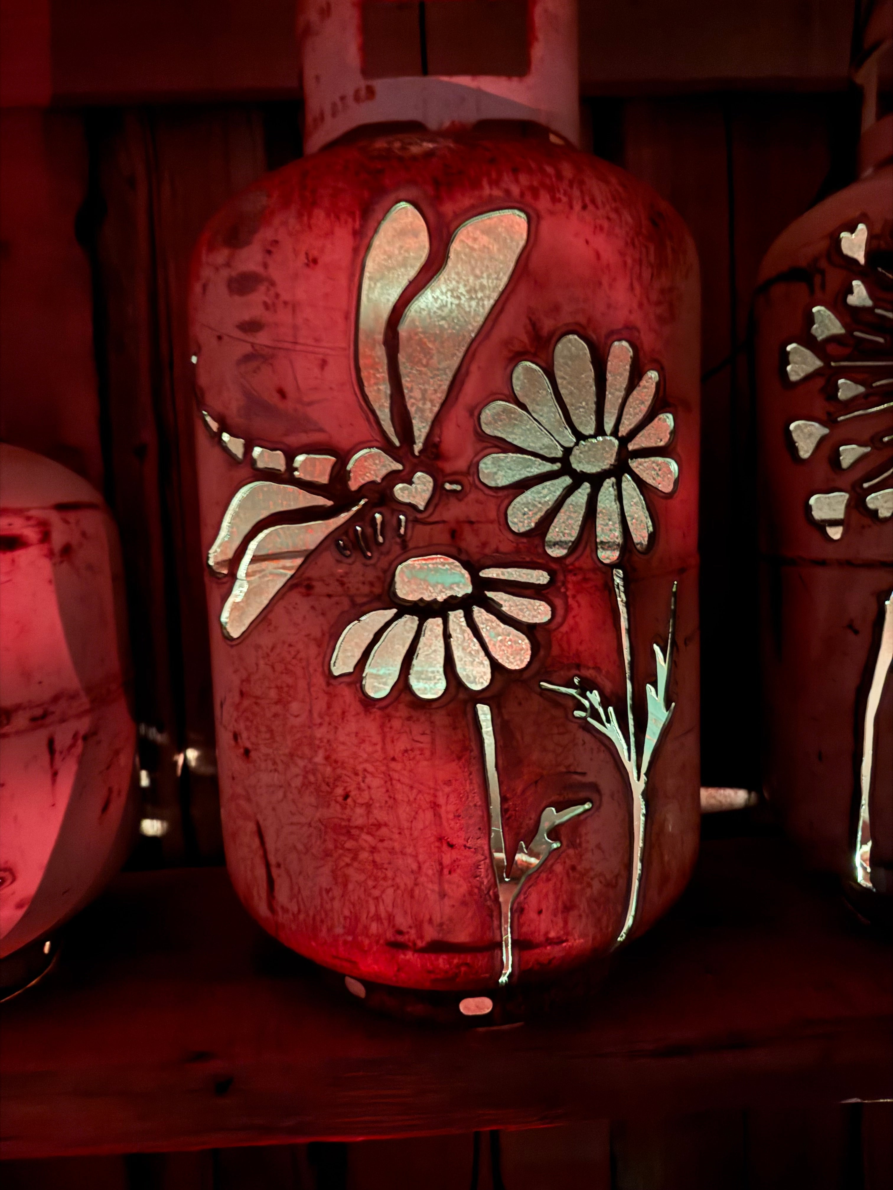 30lb Upcycled Patio Lantern, Double Daisy Dragonfly
