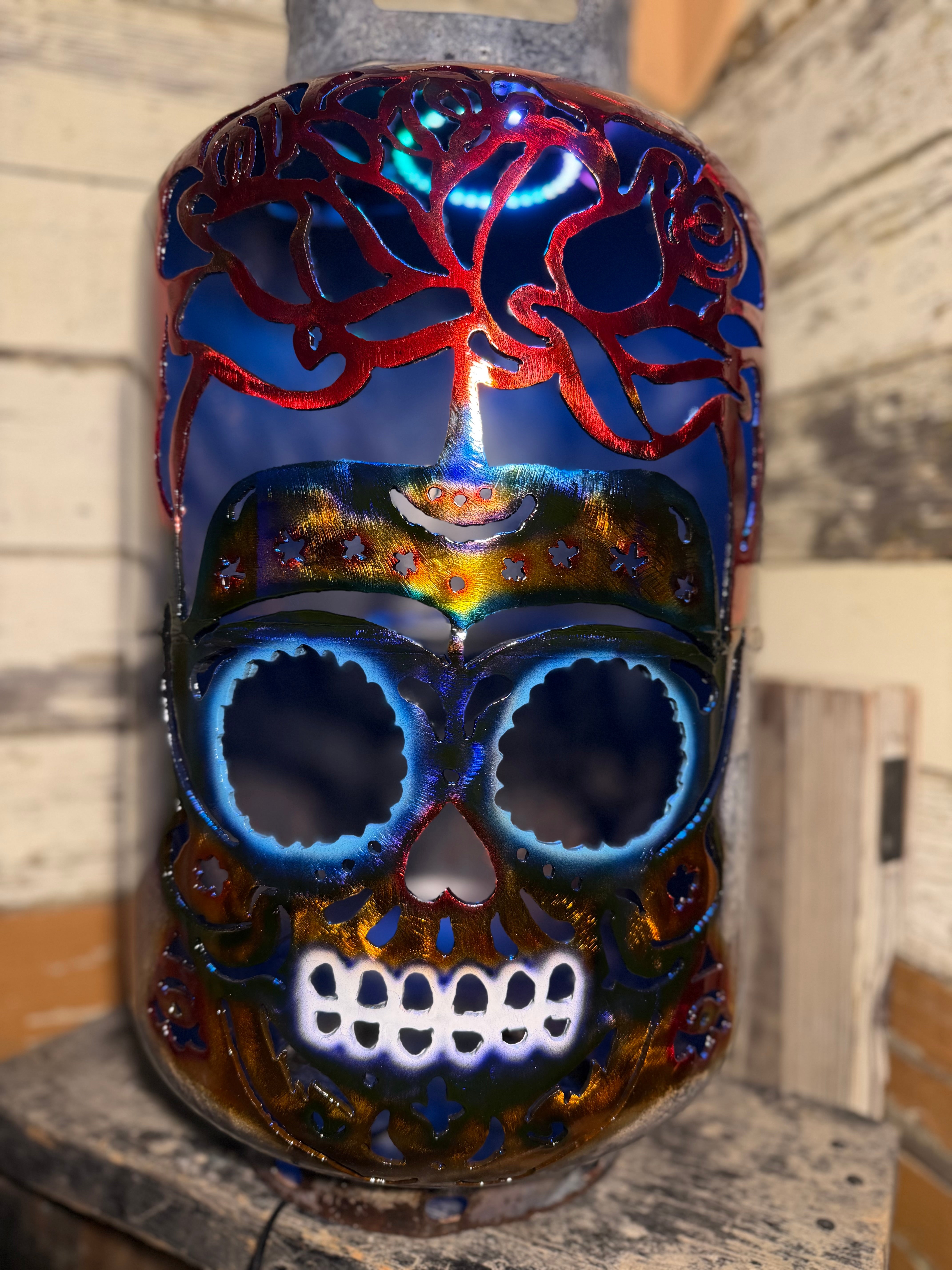 30lb Upcycled Patio Lantern, Still - thee Rose Grows Sugar Skull