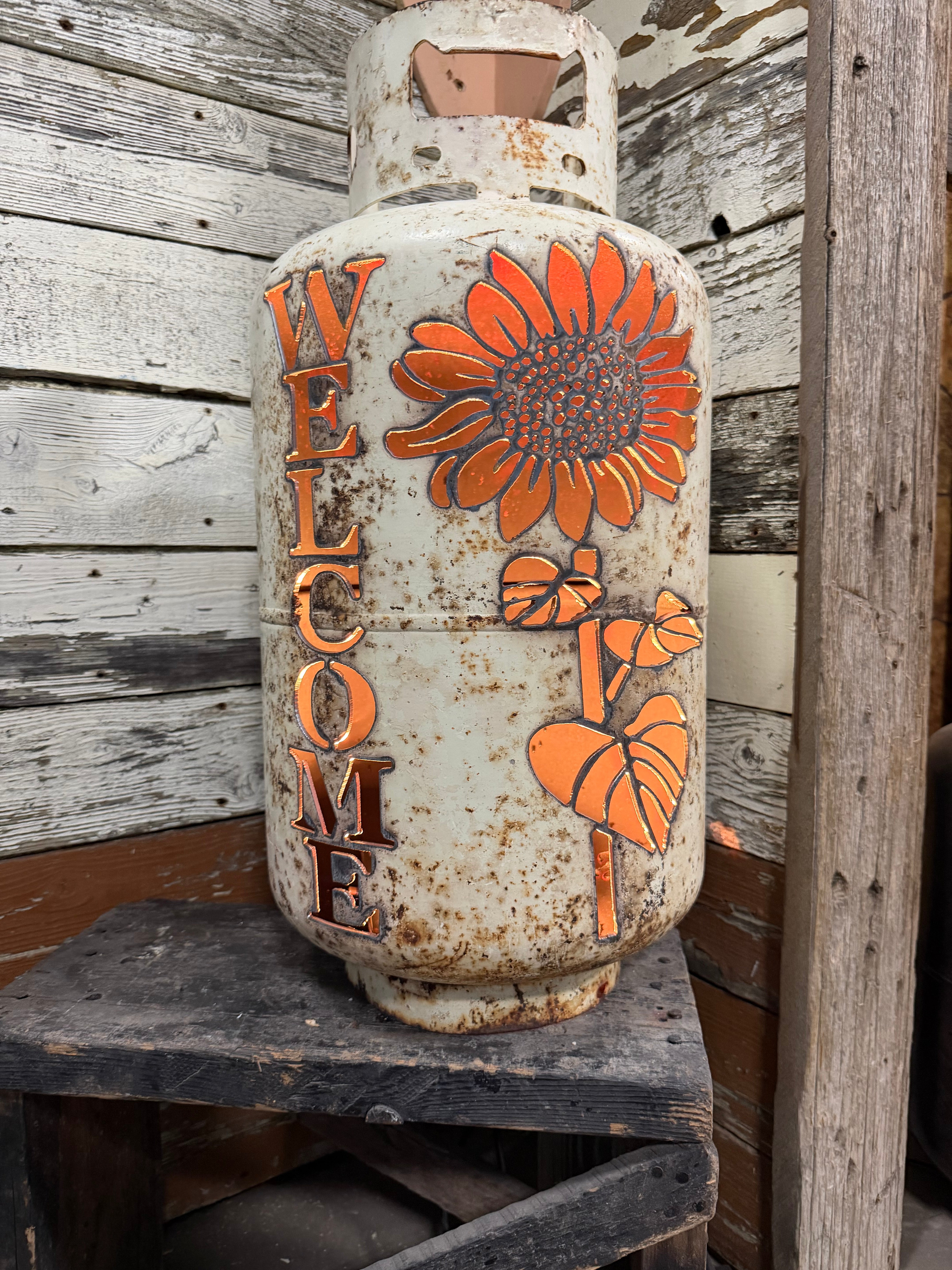 30lb Upcycled Patio Lantern, Welcome & Sunflower