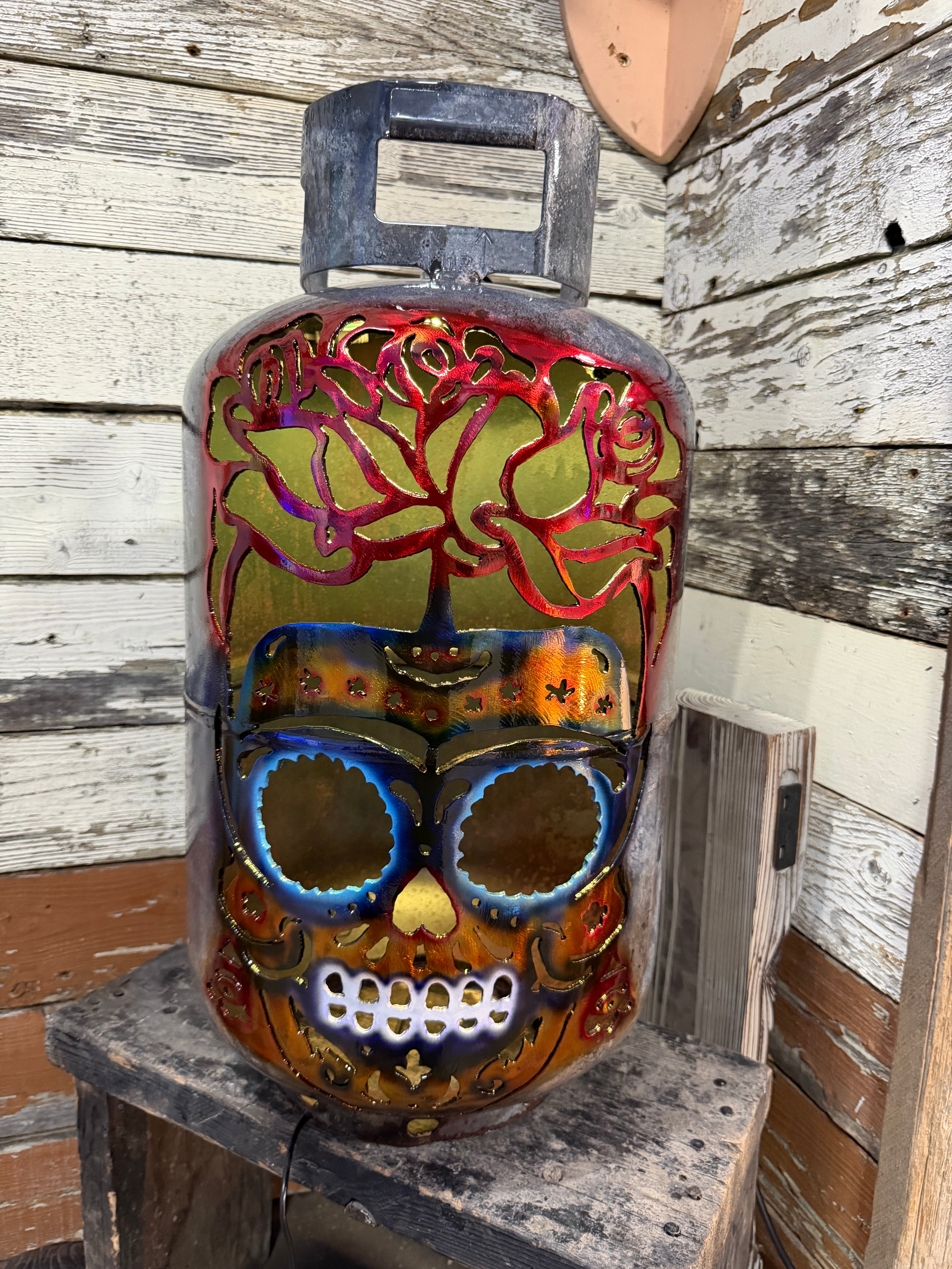 30lb Upcycled Patio Lantern, Still - thee Rose Grows Sugar Skull