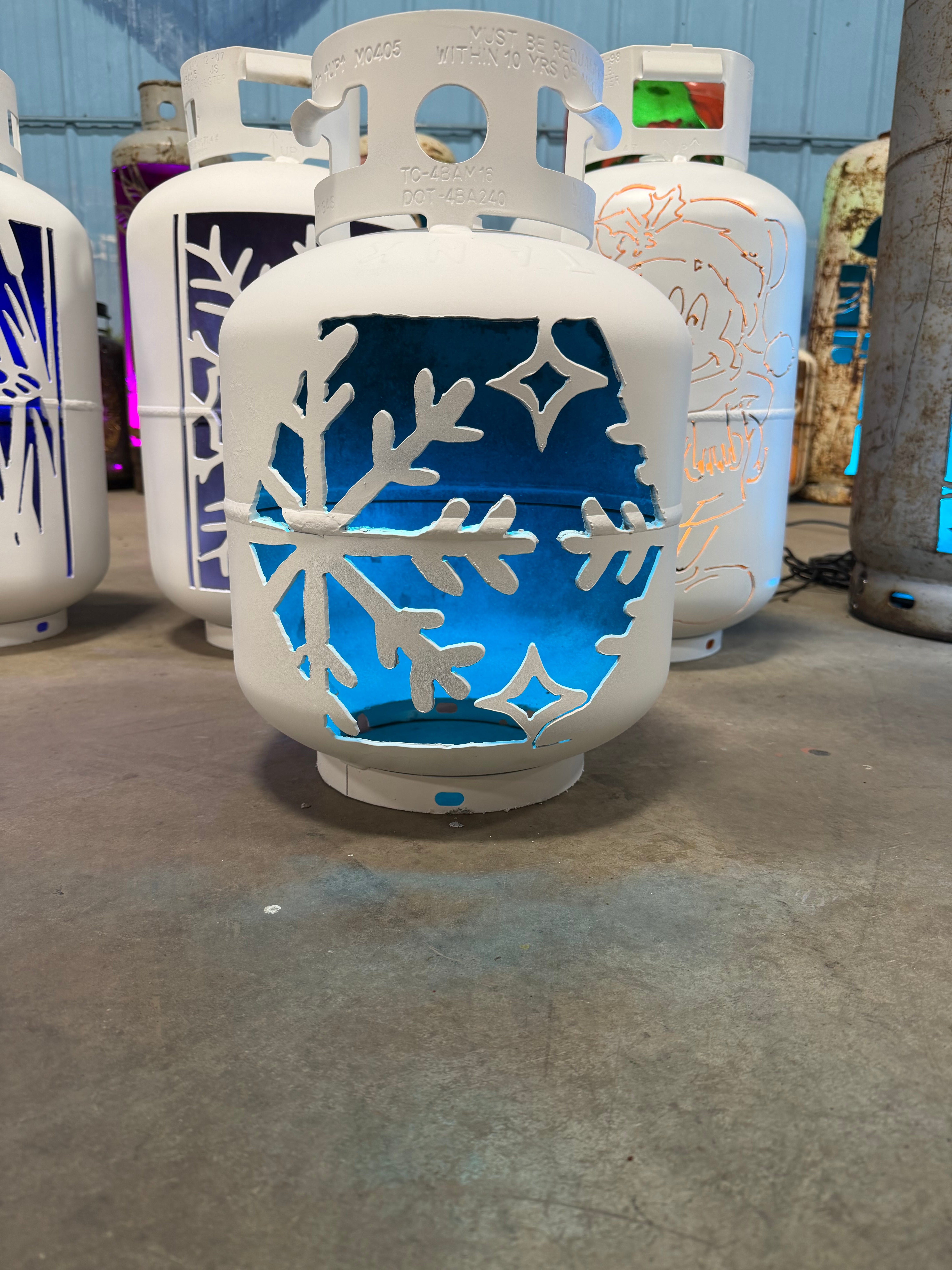 20lb Upcycled Patio Lantern, Snowflake Painted White