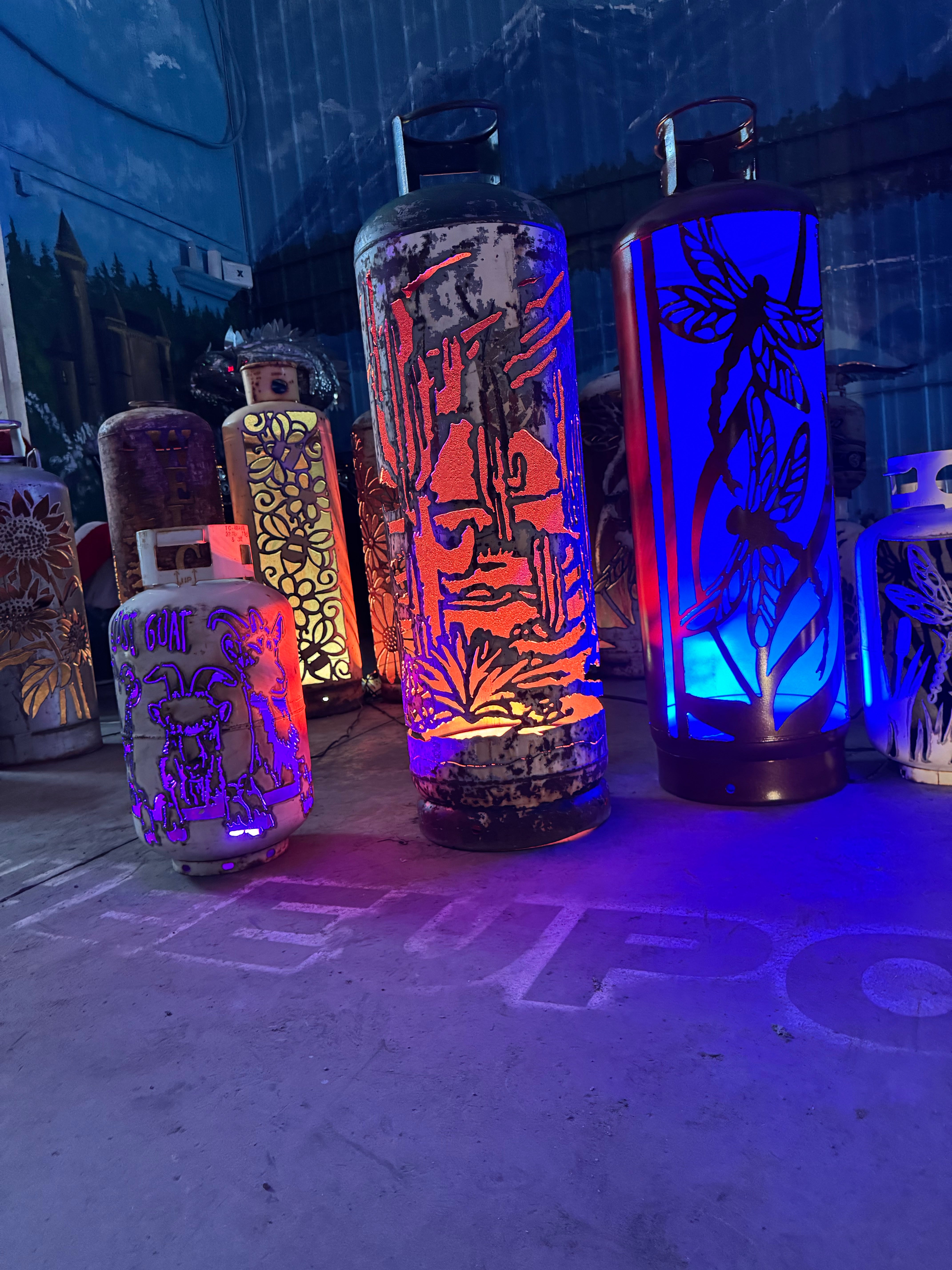 100lb Upcycled Patio Lantern, Desert Scene Cactus Patina