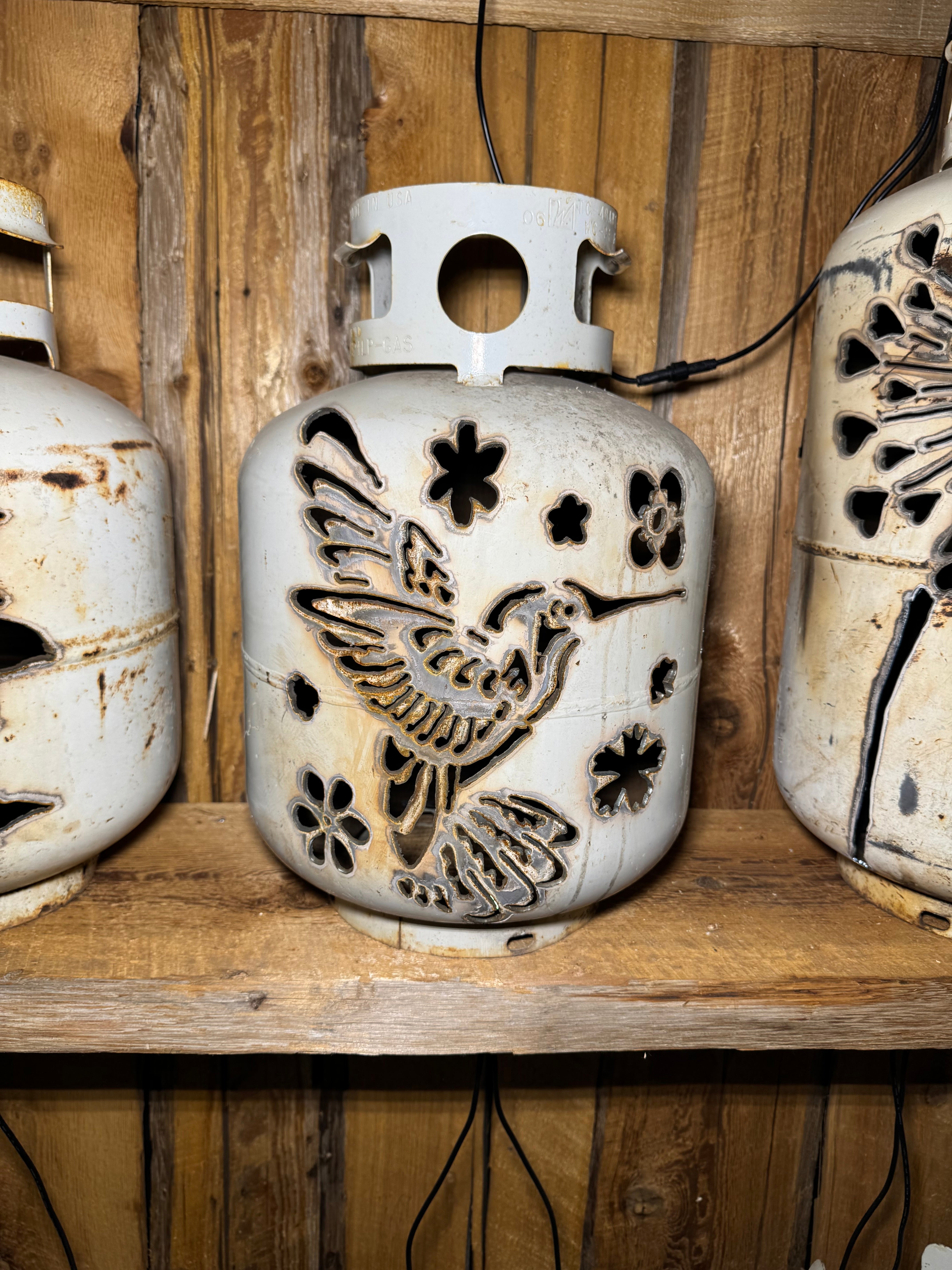 20lb Upcycled Patio Lantern, Floral Hummingbird
