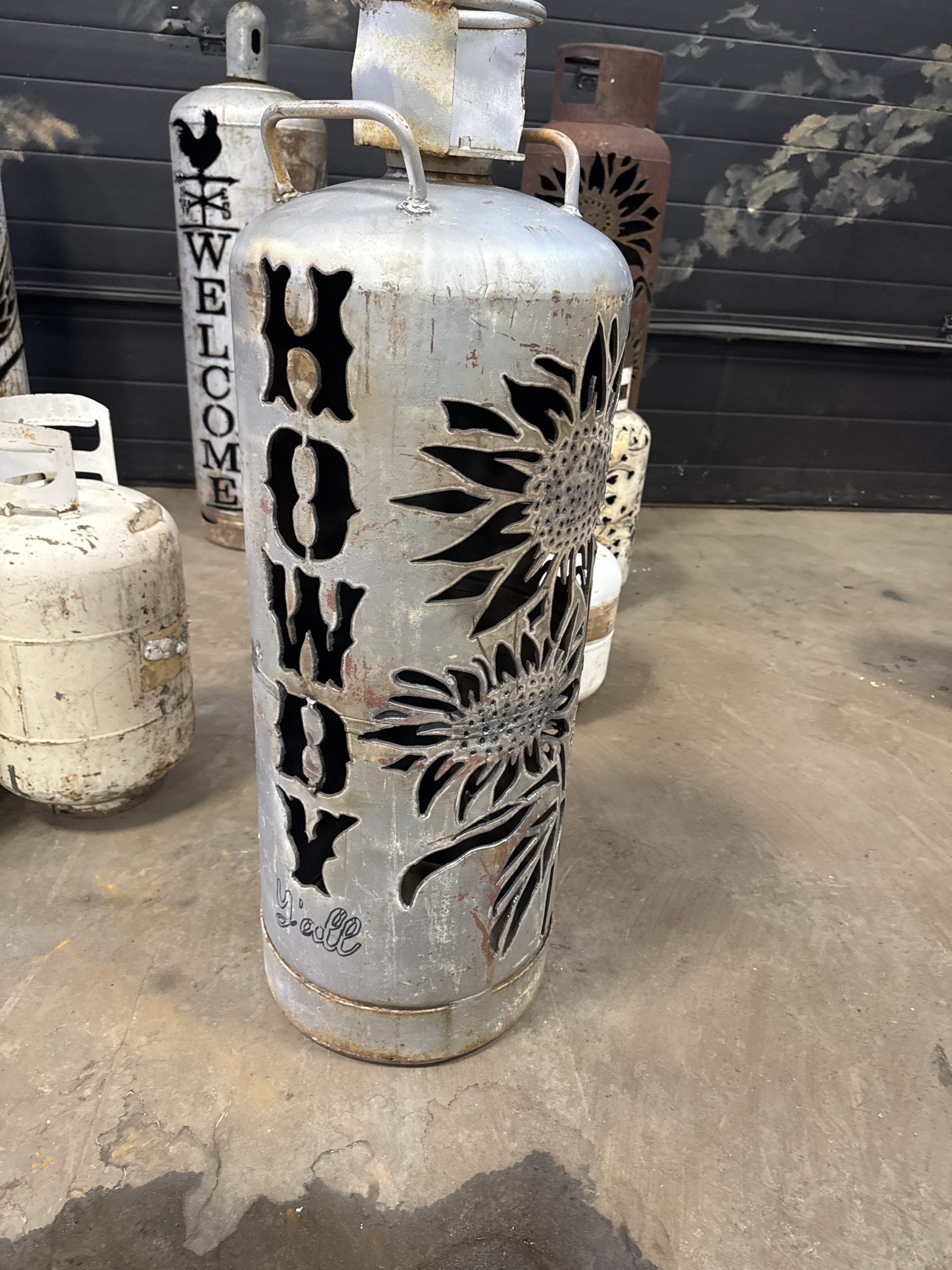 100lb Upcycled Patio Lantern, Howdy & Sun Flower