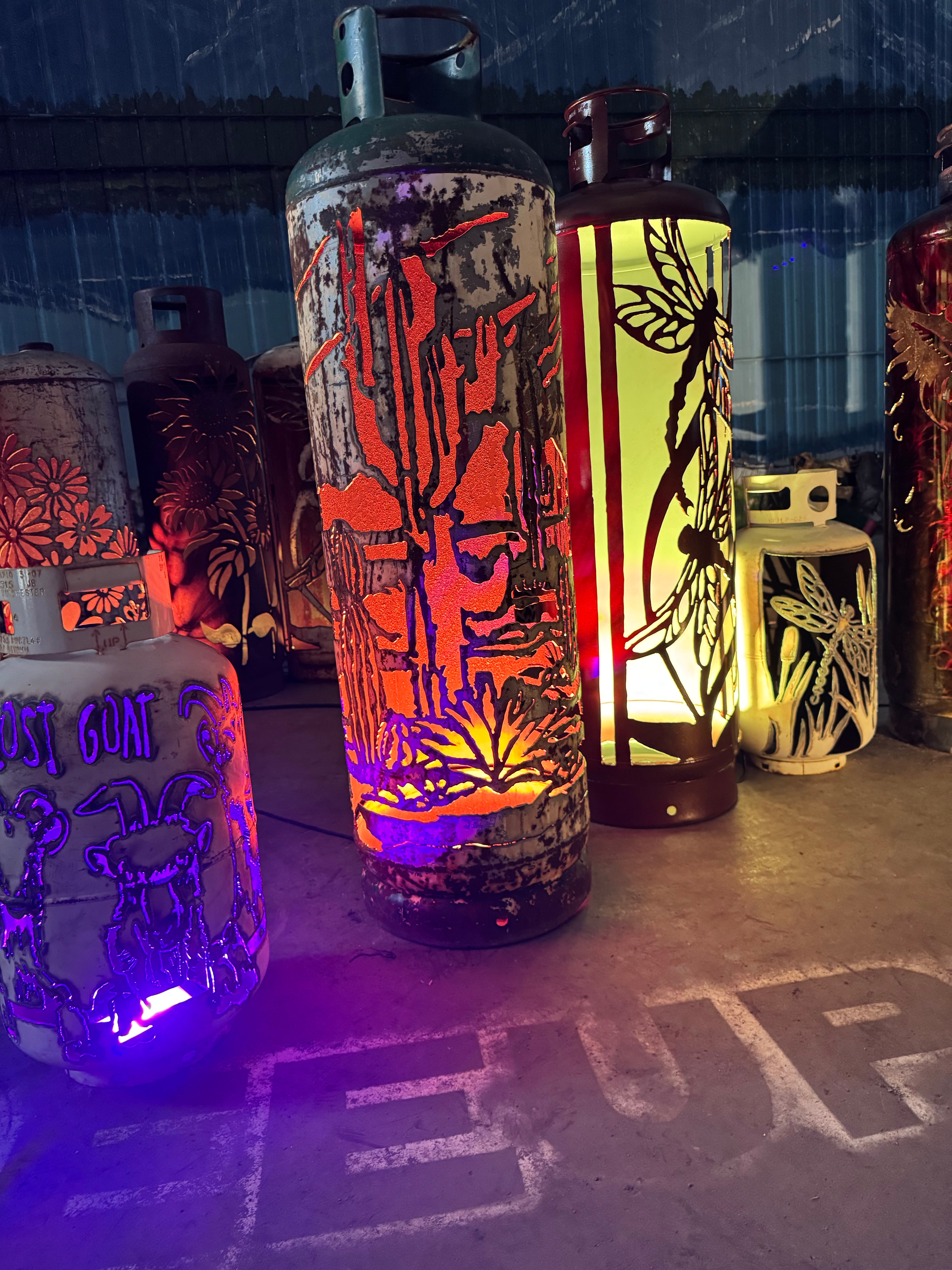 100lb Upcycled Patio Lantern, Desert Scene Cactus Patina