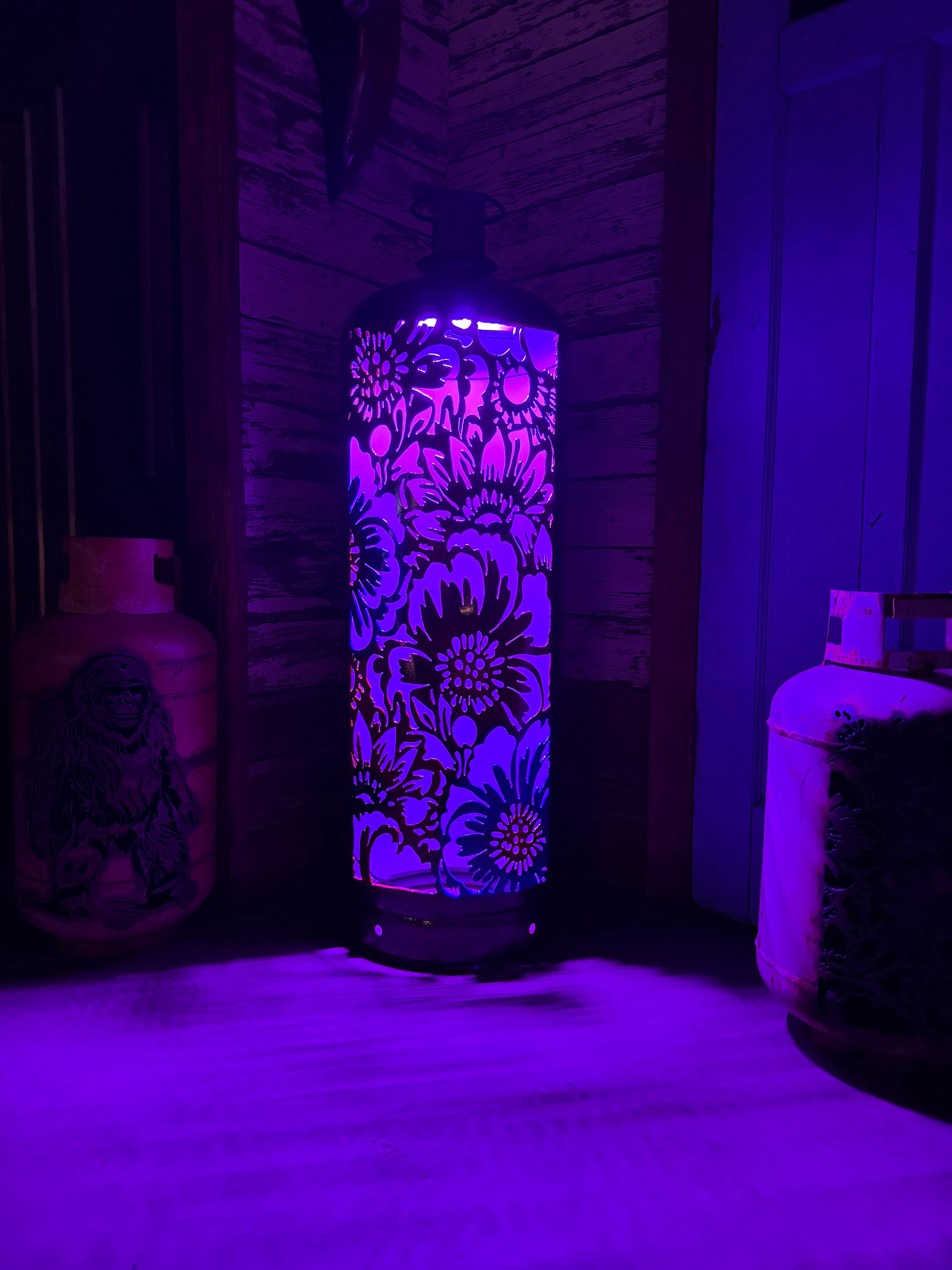 M100lb Upcycled Patio Lantern, Midnight Bloom Floral Airbrushed