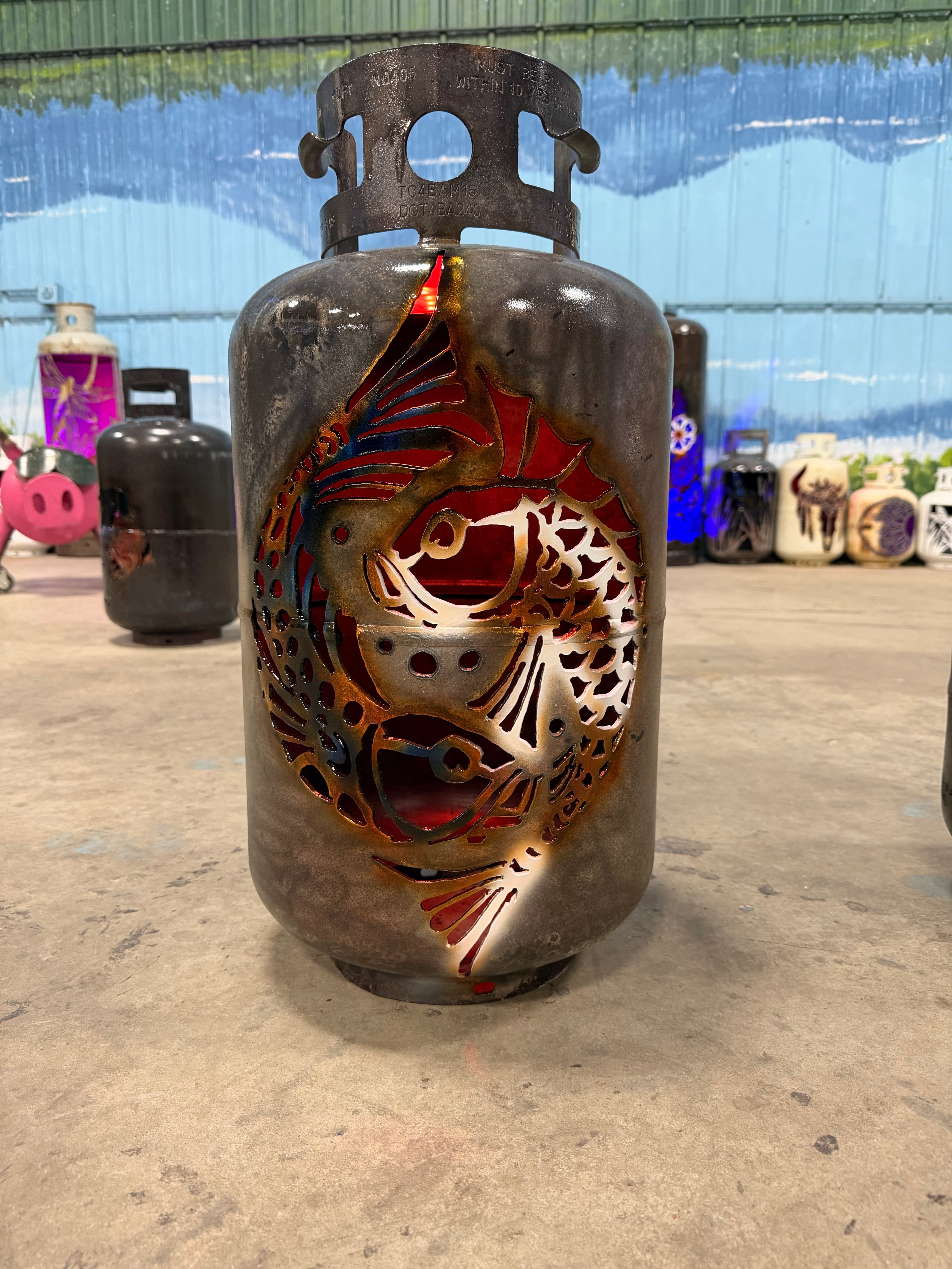 30lb Upcycled Patio Lantern, Koi Fish Airbrushed Patina finish
