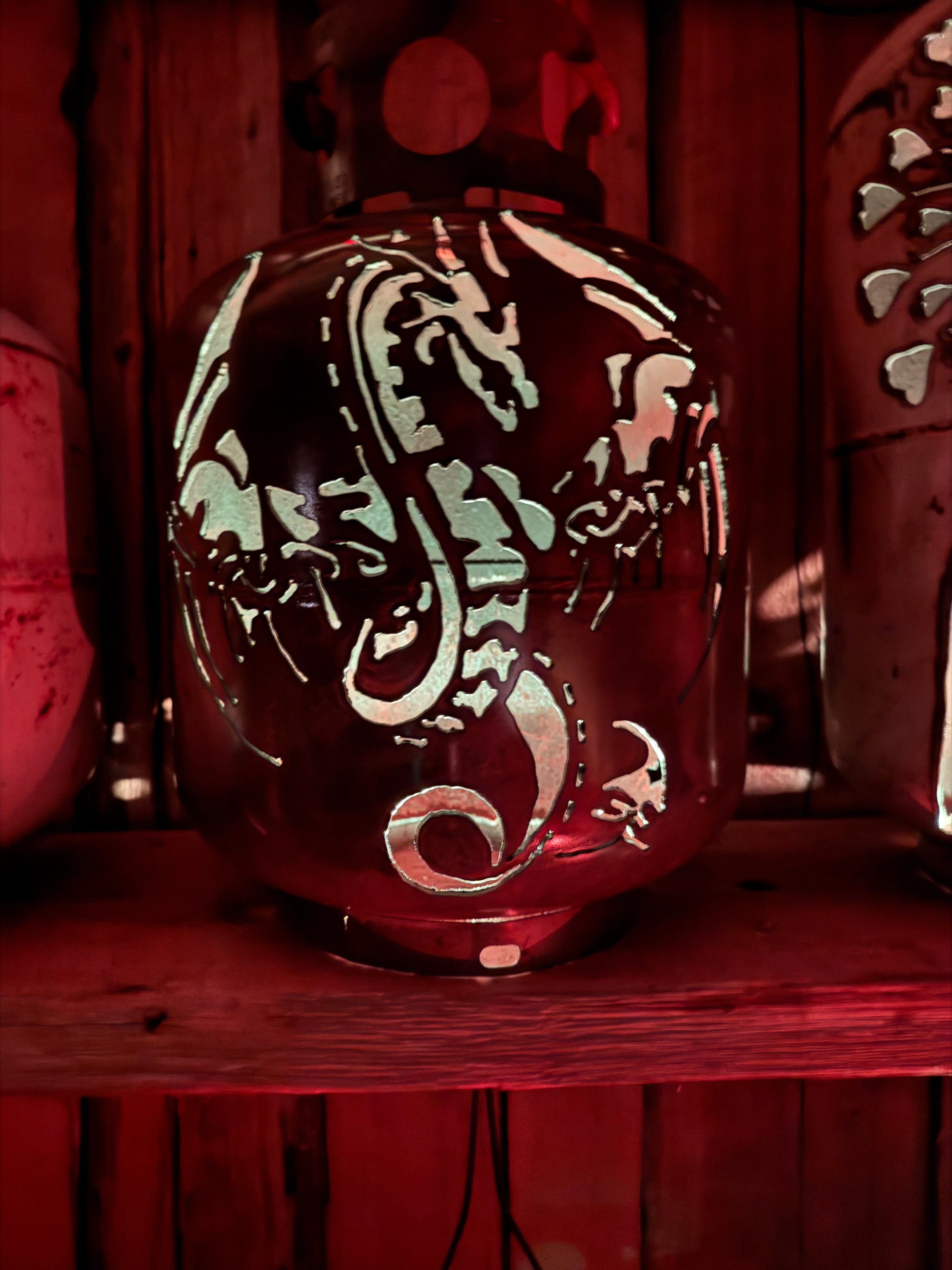 20lb Upcycled Patio Lantern, Dragon burnt finish