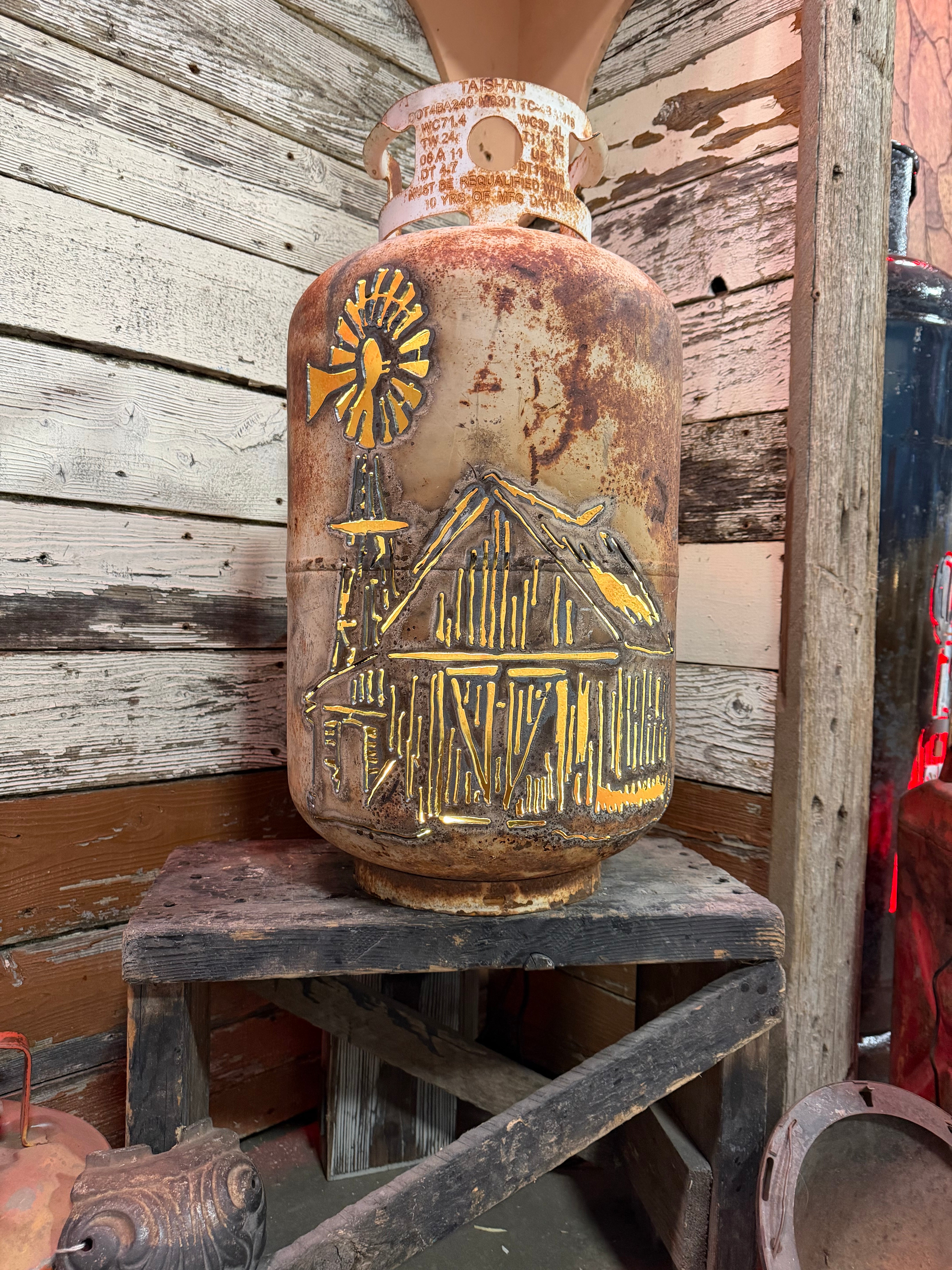 30lb Upcycled Patio Lantern, Windmill and Barn