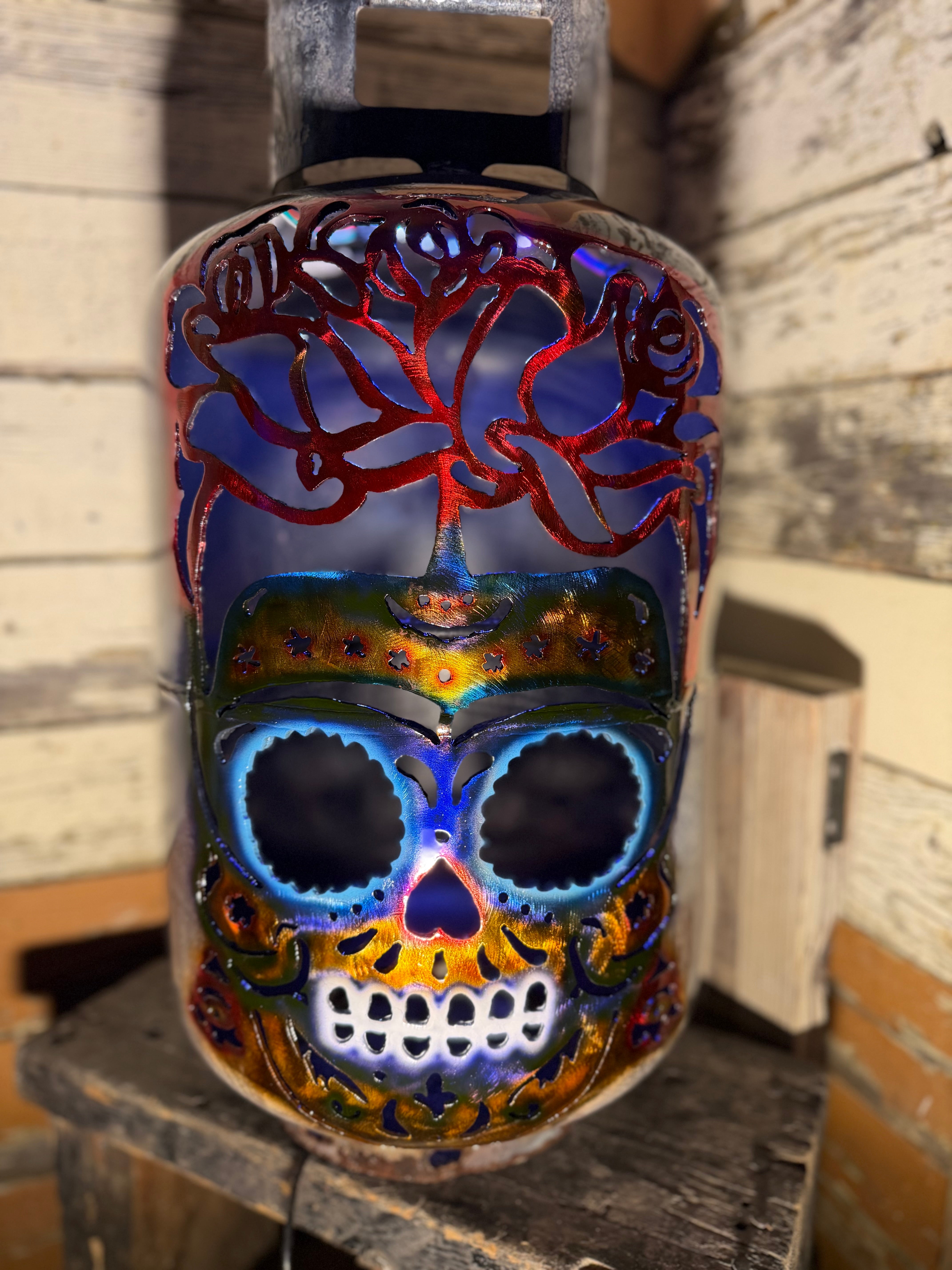 30lb Upcycled Patio Lantern, Still - thee Rose Grows Sugar Skull