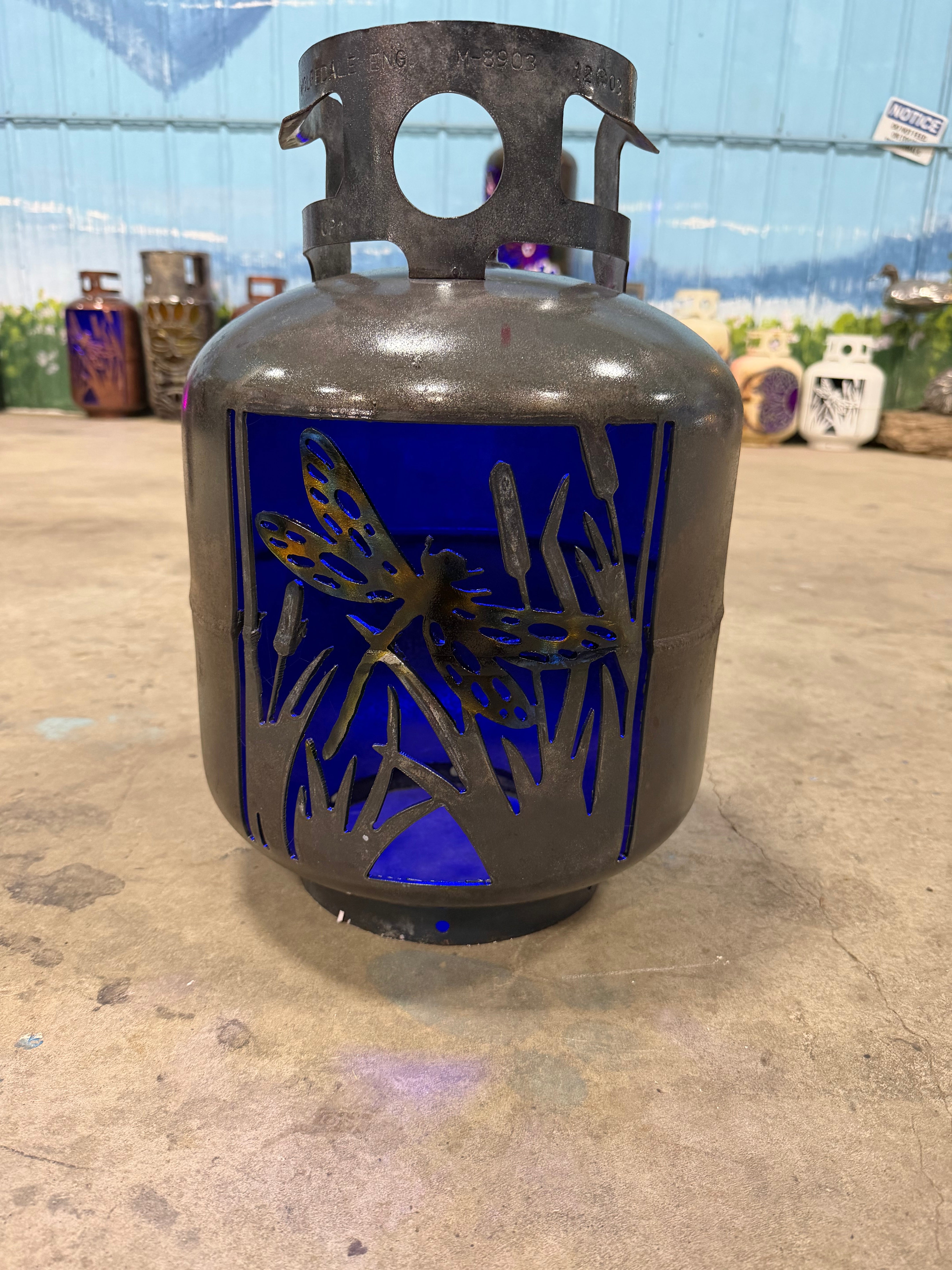 20lb Upcycled Patio Lantern, Dragonfly With Airbrush Patina