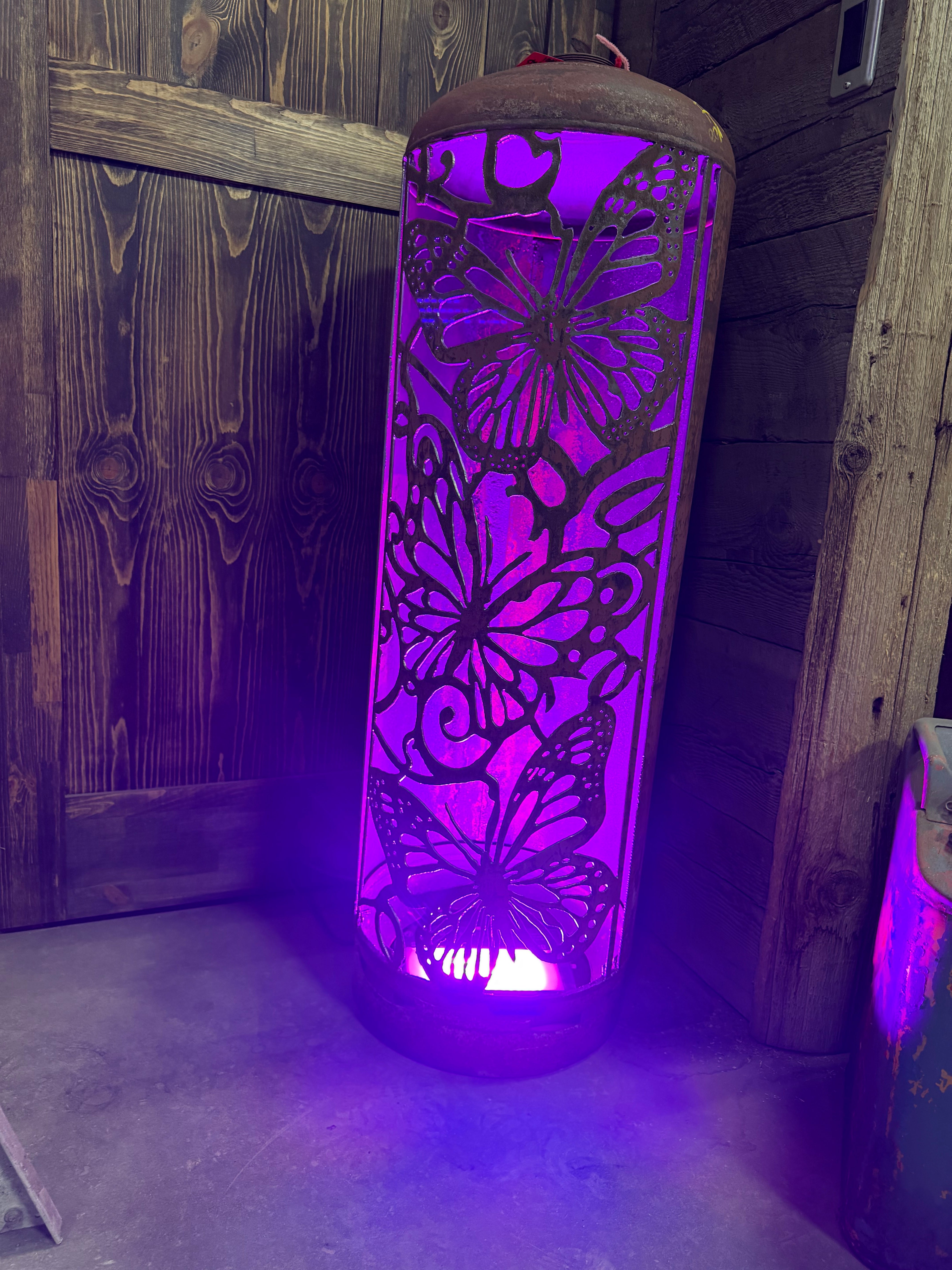 100lb Upcycled Patio Lantern, Mariposa 3 Butterfly Lantern Natural Finish