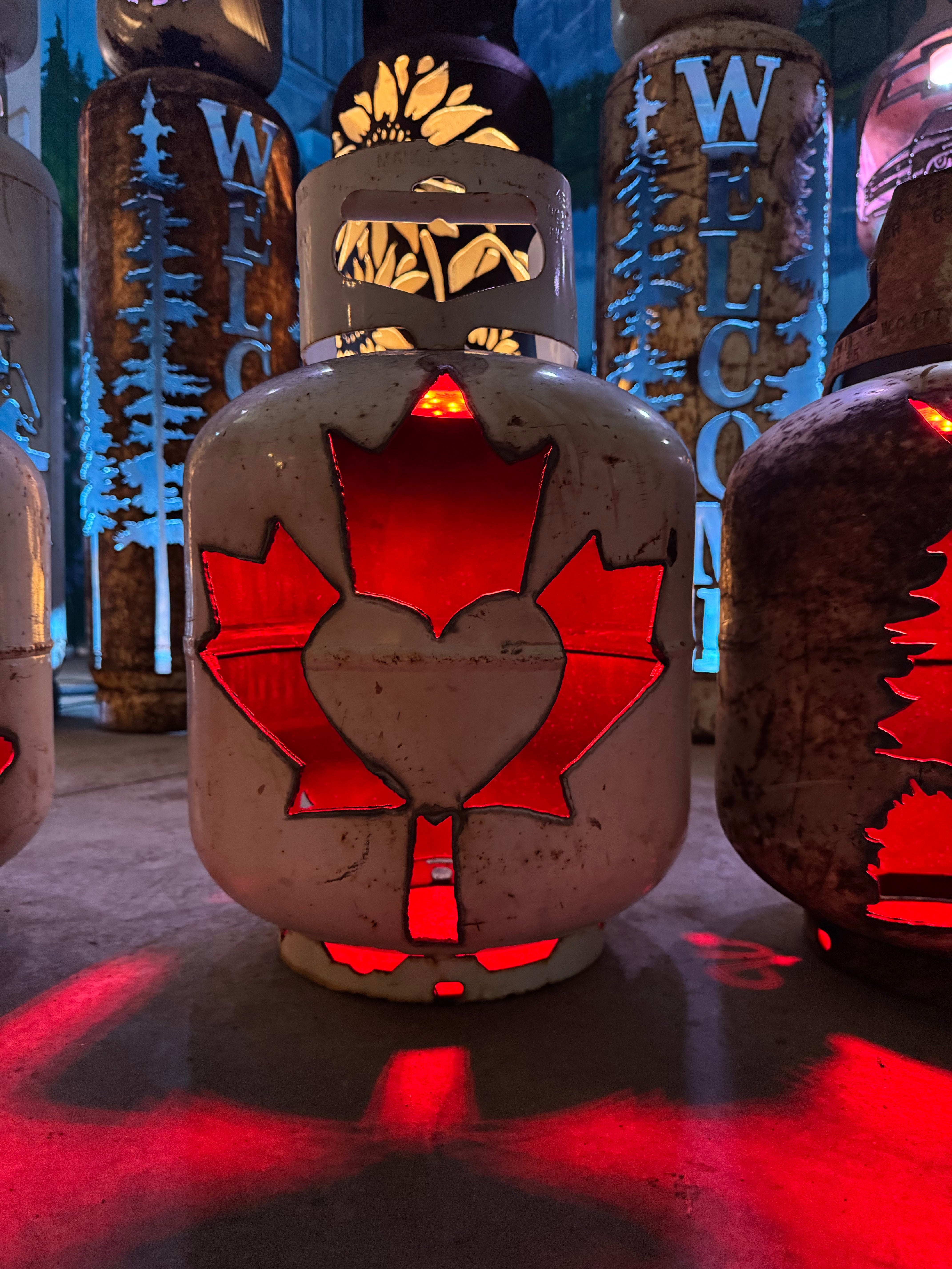 20lb Upcycled Patio Lantern, Canada Maple Leaf Heart