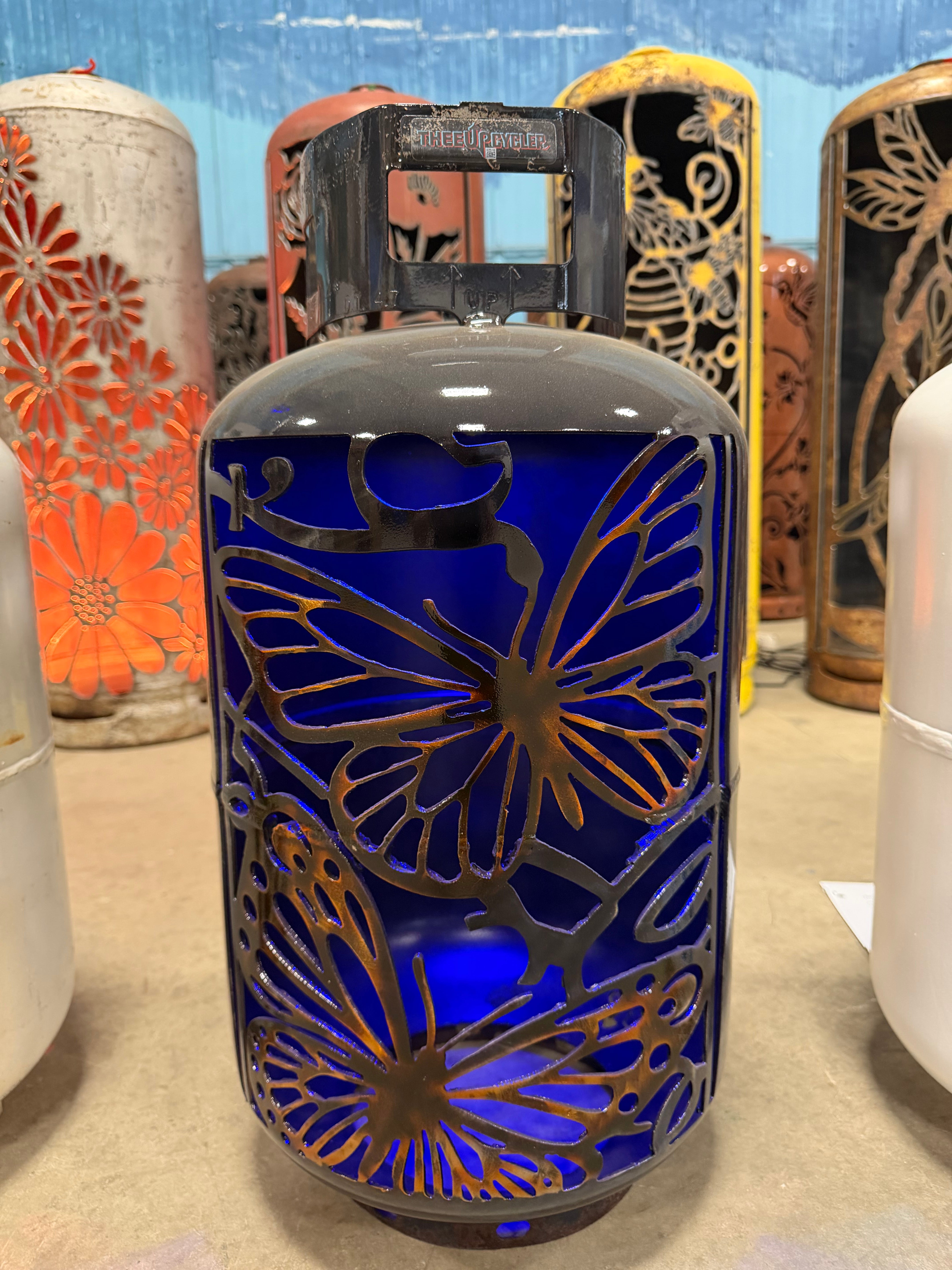 30lb Upcycled Patio Lantern, Mariposa 2 Butterfly Burnt Patina Airbrushed Finish