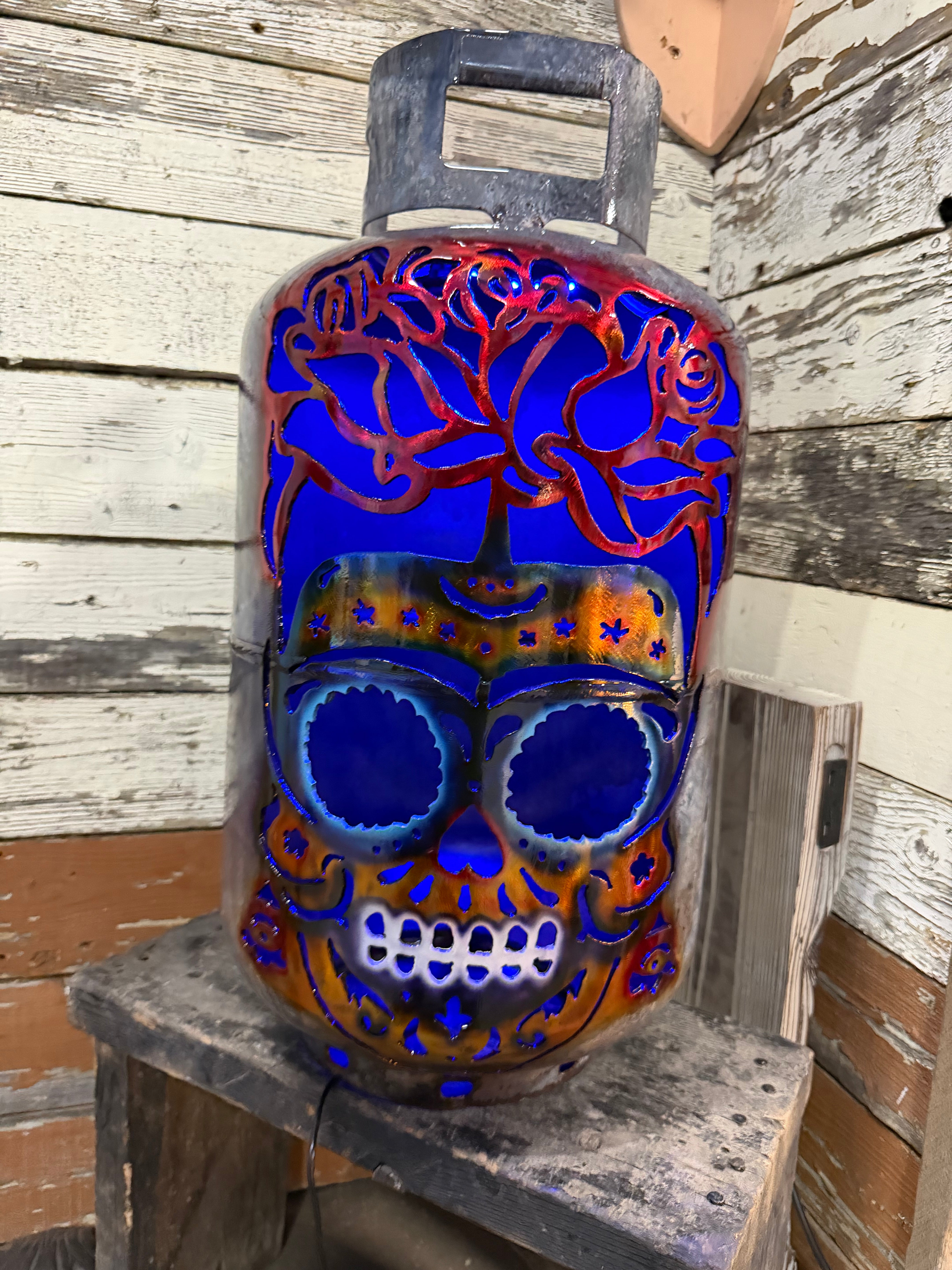 30lb Upcycled Patio Lantern, Still - thee Rose Grows Sugar Skull