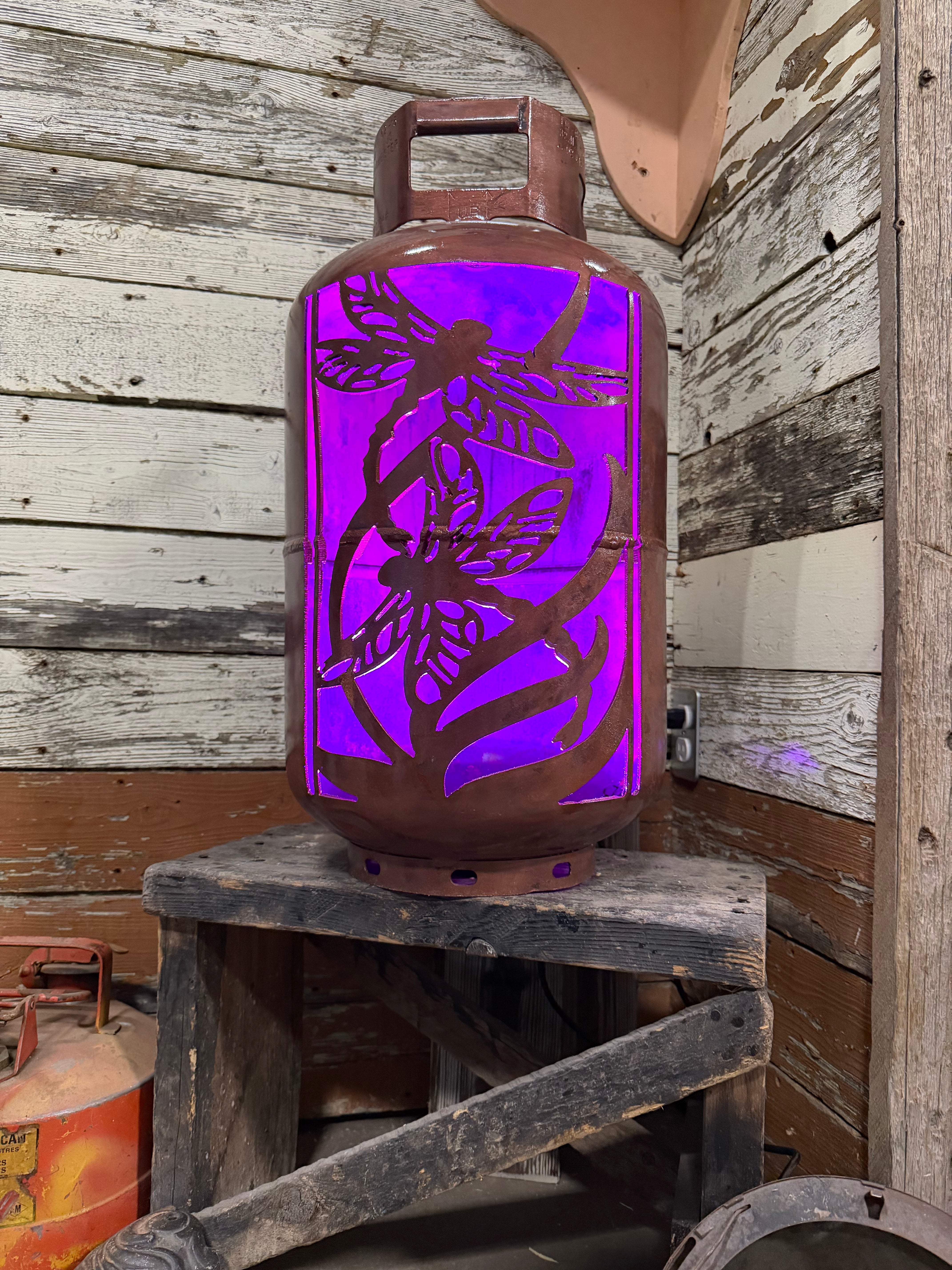 30lb Upcycled Patio Lantern, Double Dragonfly Copper Patina