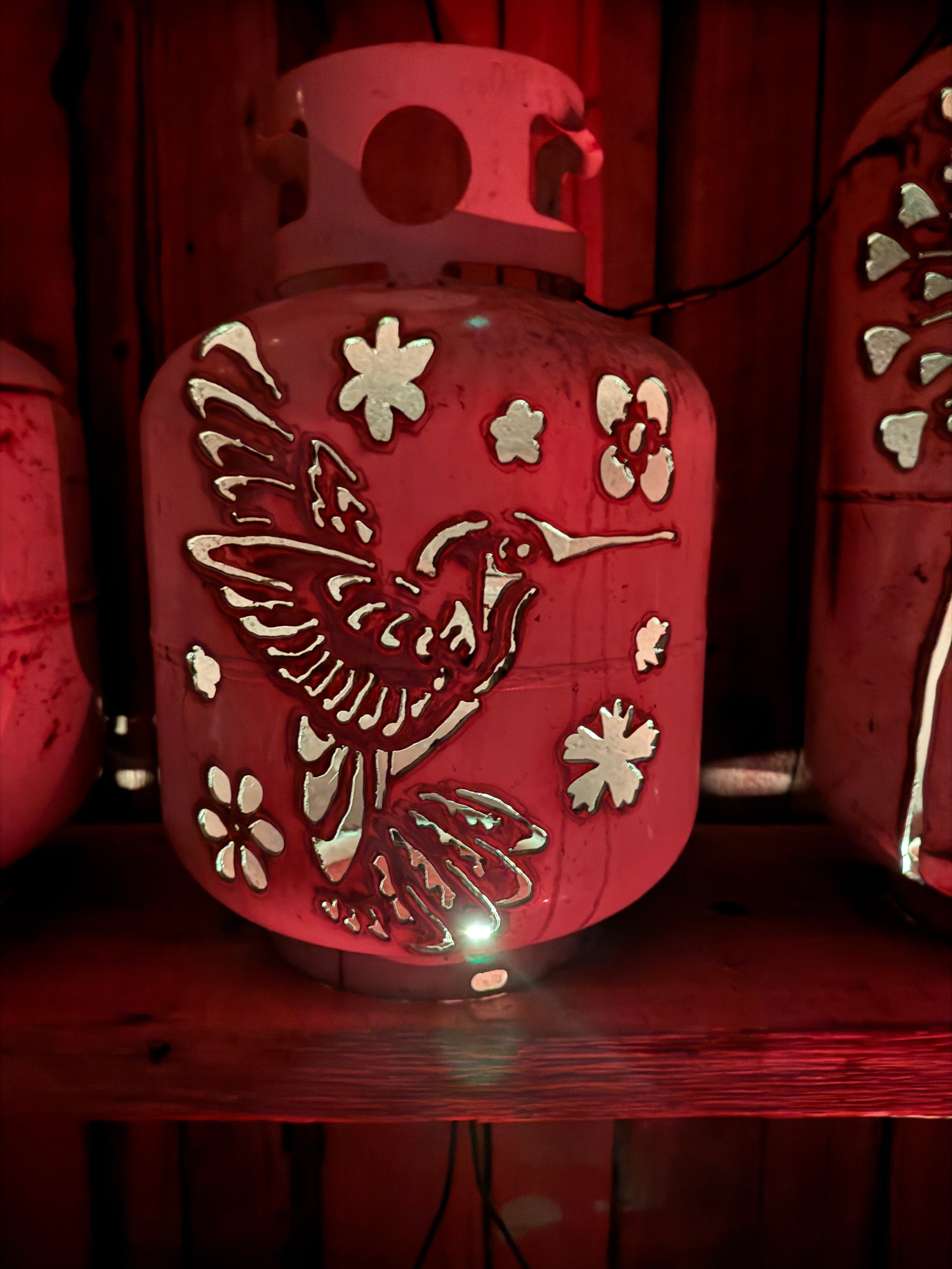 20lb Upcycled Patio Lantern, Floral Hummingbird