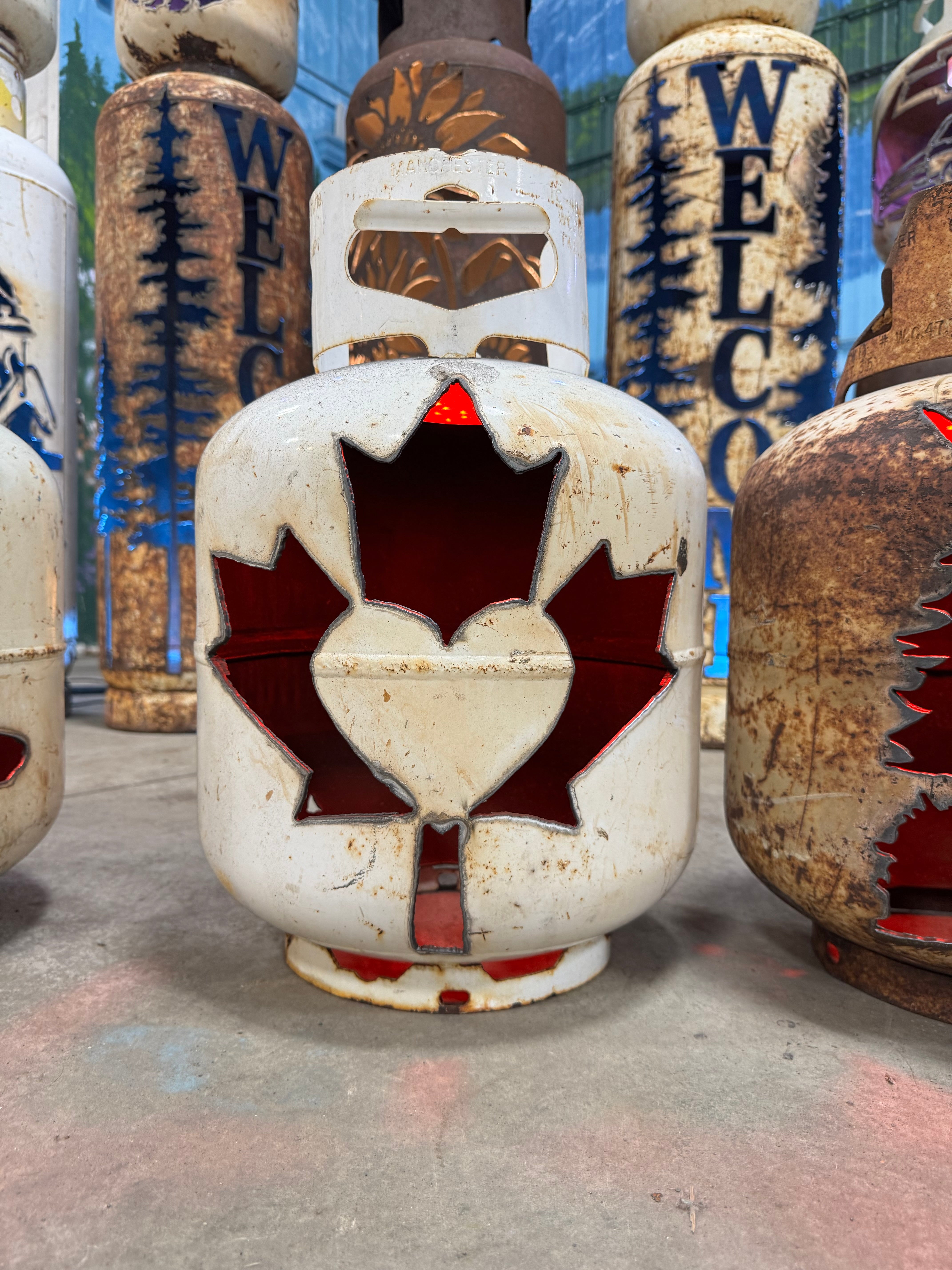 20lb Upcycled Patio Lantern, Canada Maple Leaf Heart