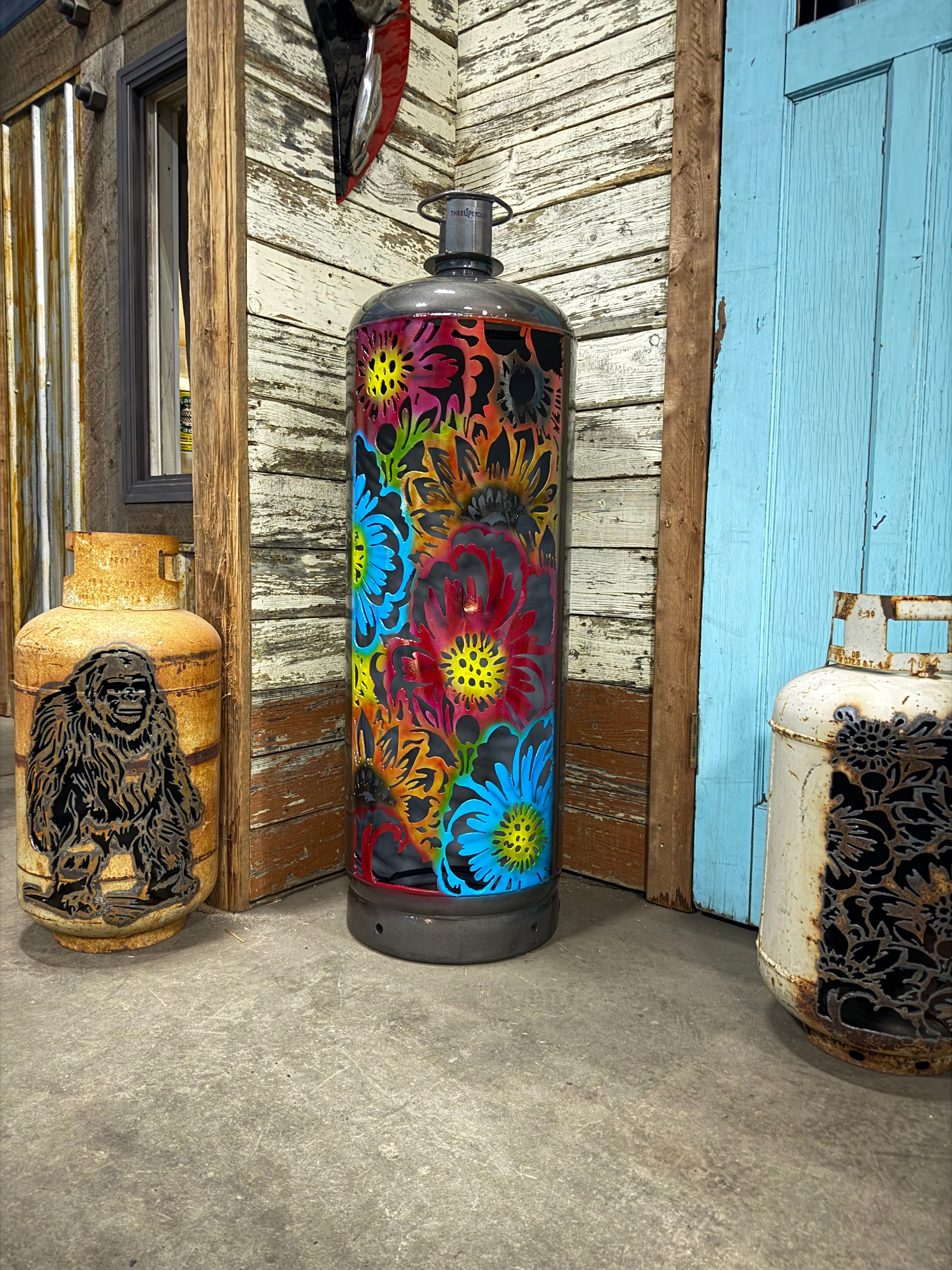 M100lb Upcycled Patio Lantern, Midnight Bloom Floral Airbrushed