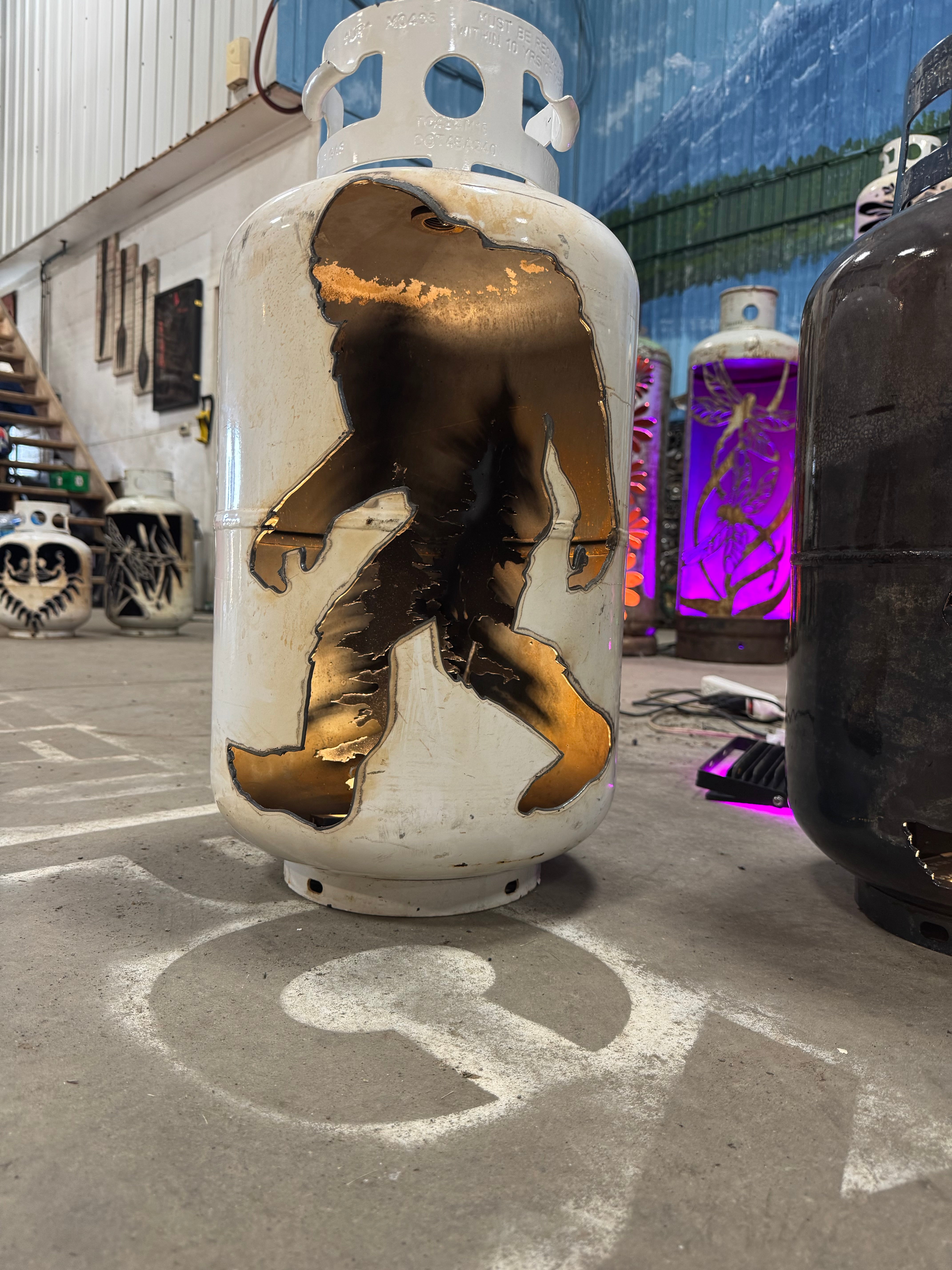 30lb Upcycled Patio Lantern, BigFoot Sasquatch with Trees inside
