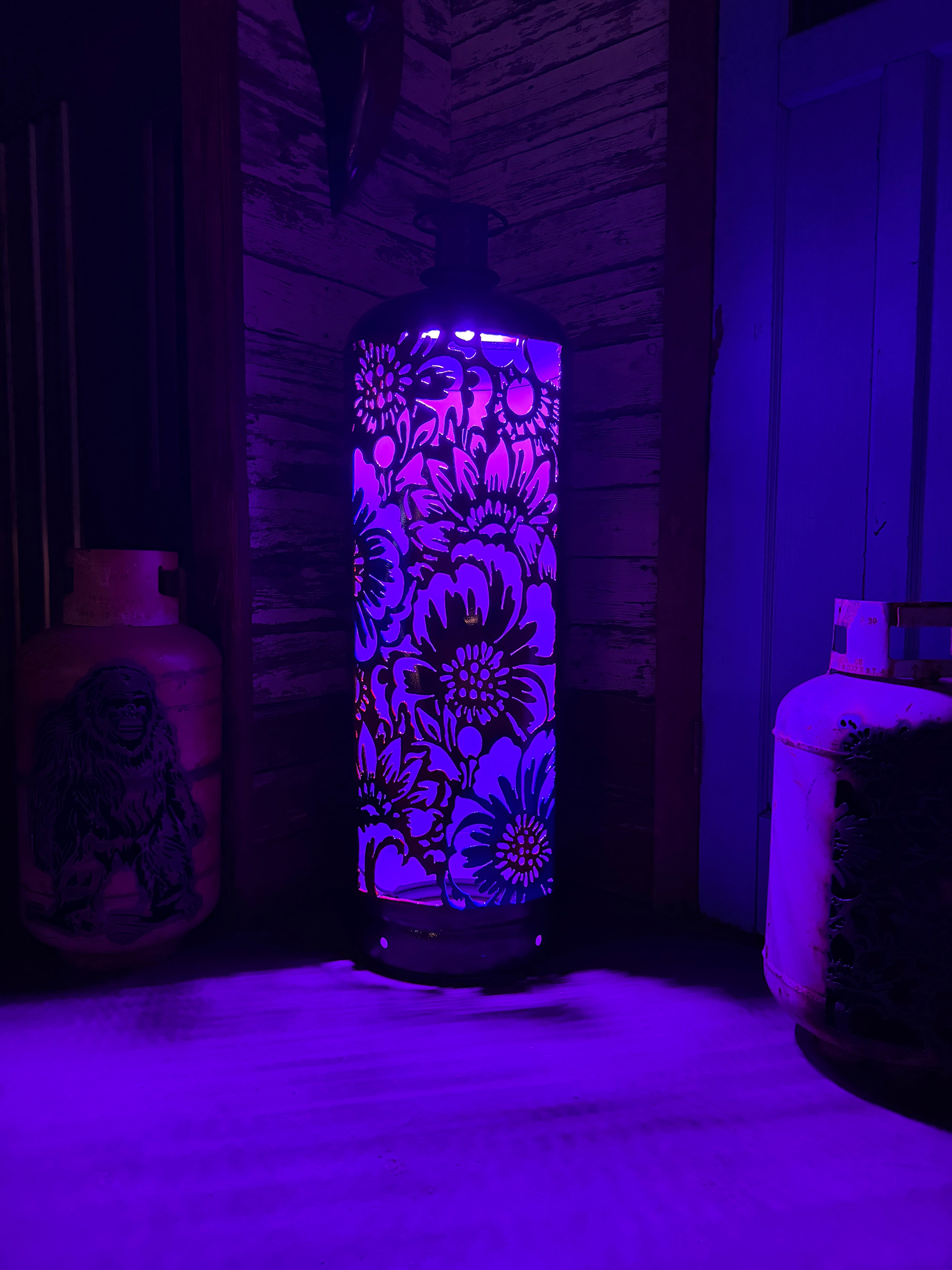 M100lb Upcycled Patio Lantern, Midnight Bloom Floral Airbrushed