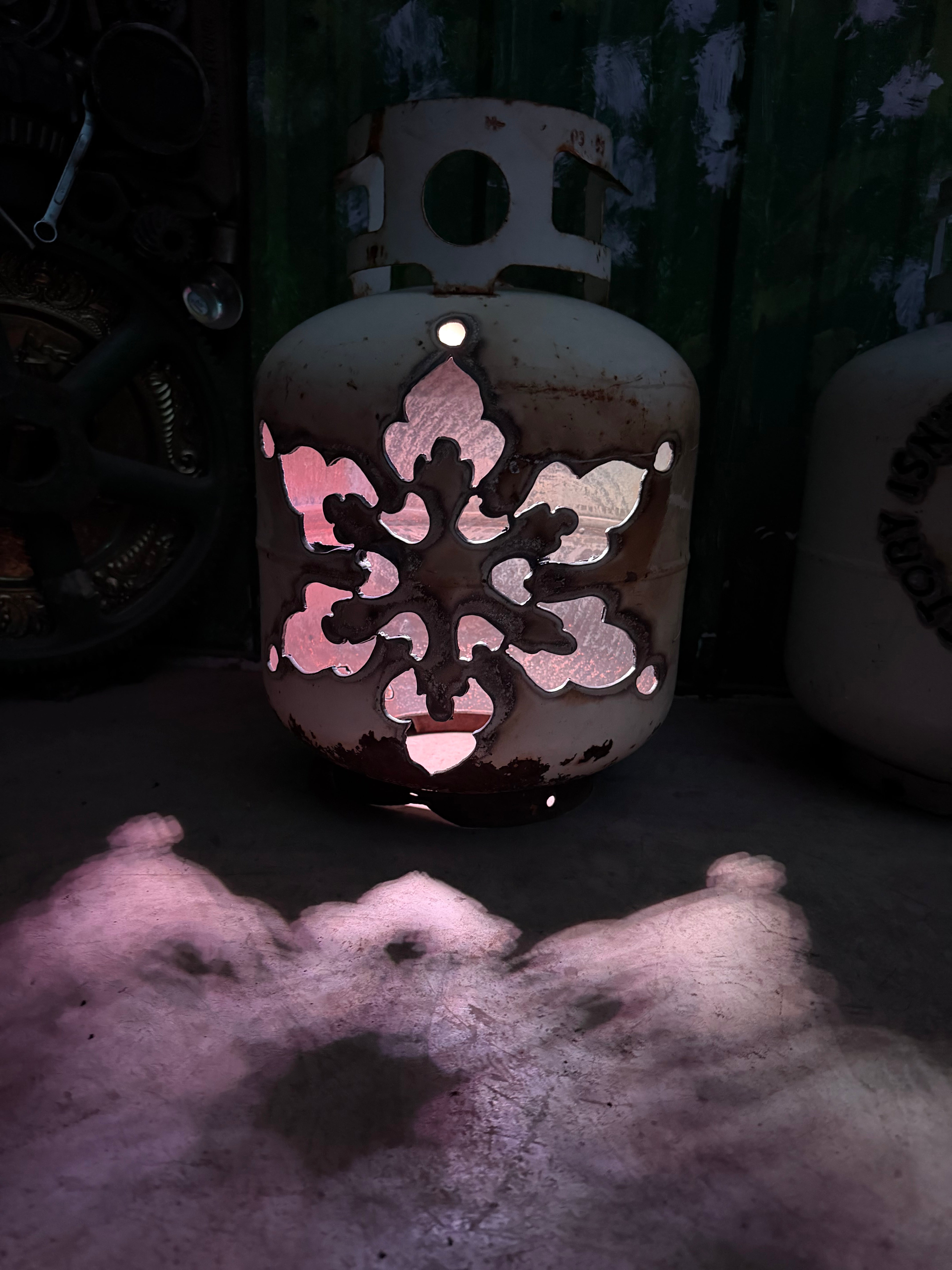 20lb Upcycled Patio Lantern, Snowflake Natural Finish