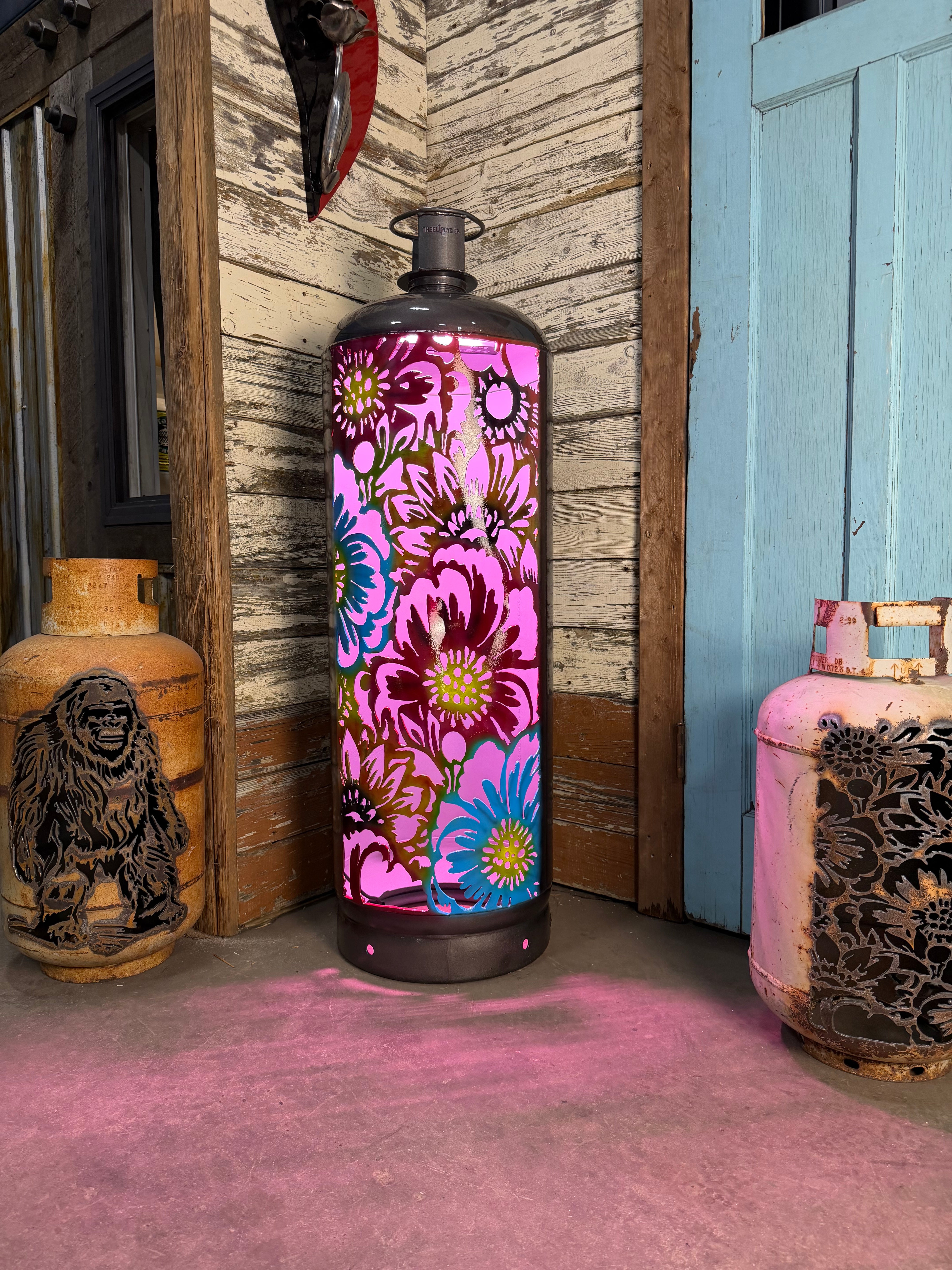 M100lb Upcycled Patio Lantern, Midnight Bloom Floral Airbrushed