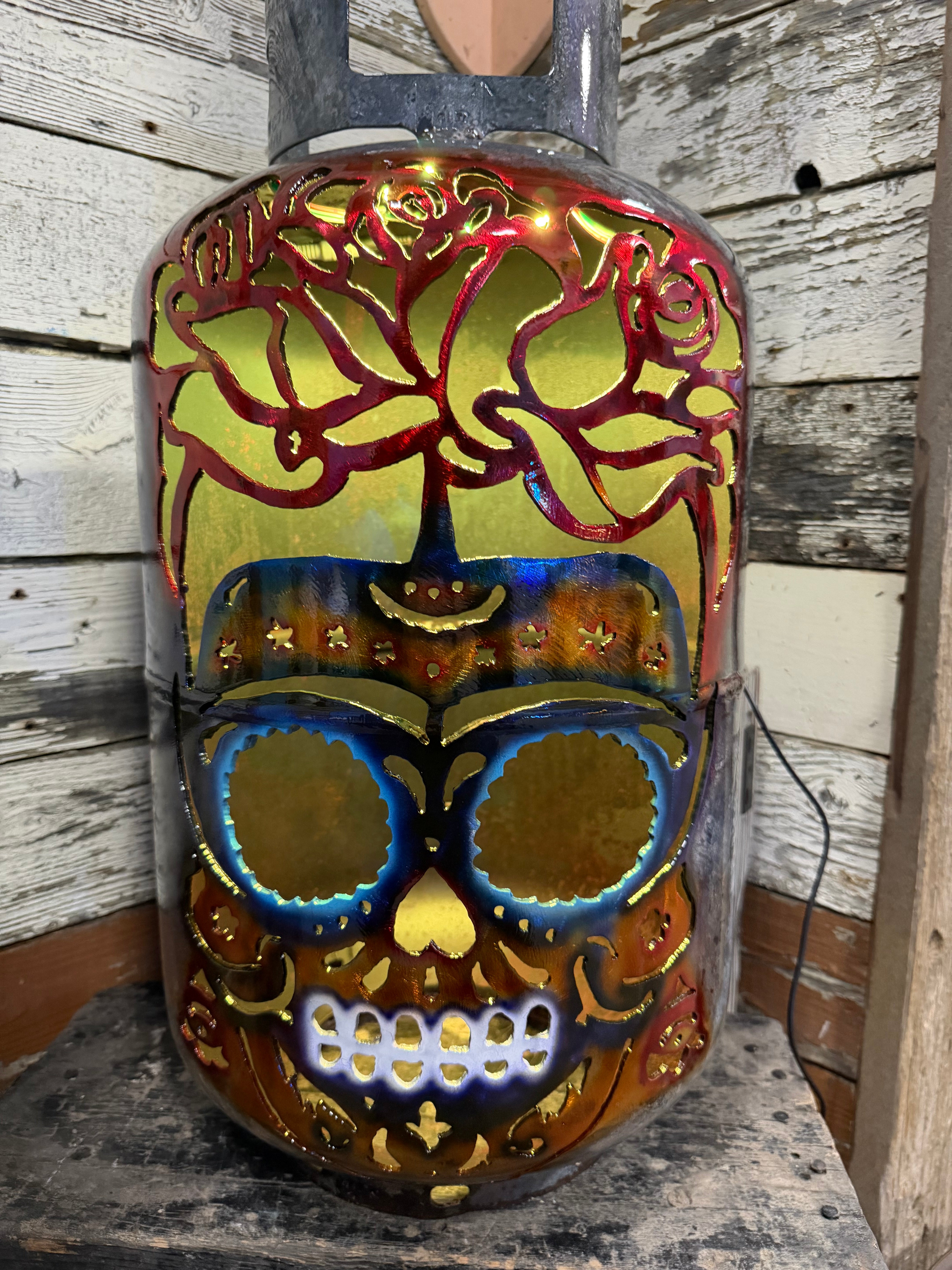 30lb Upcycled Patio Lantern, Still - thee Rose Grows Sugar Skull
