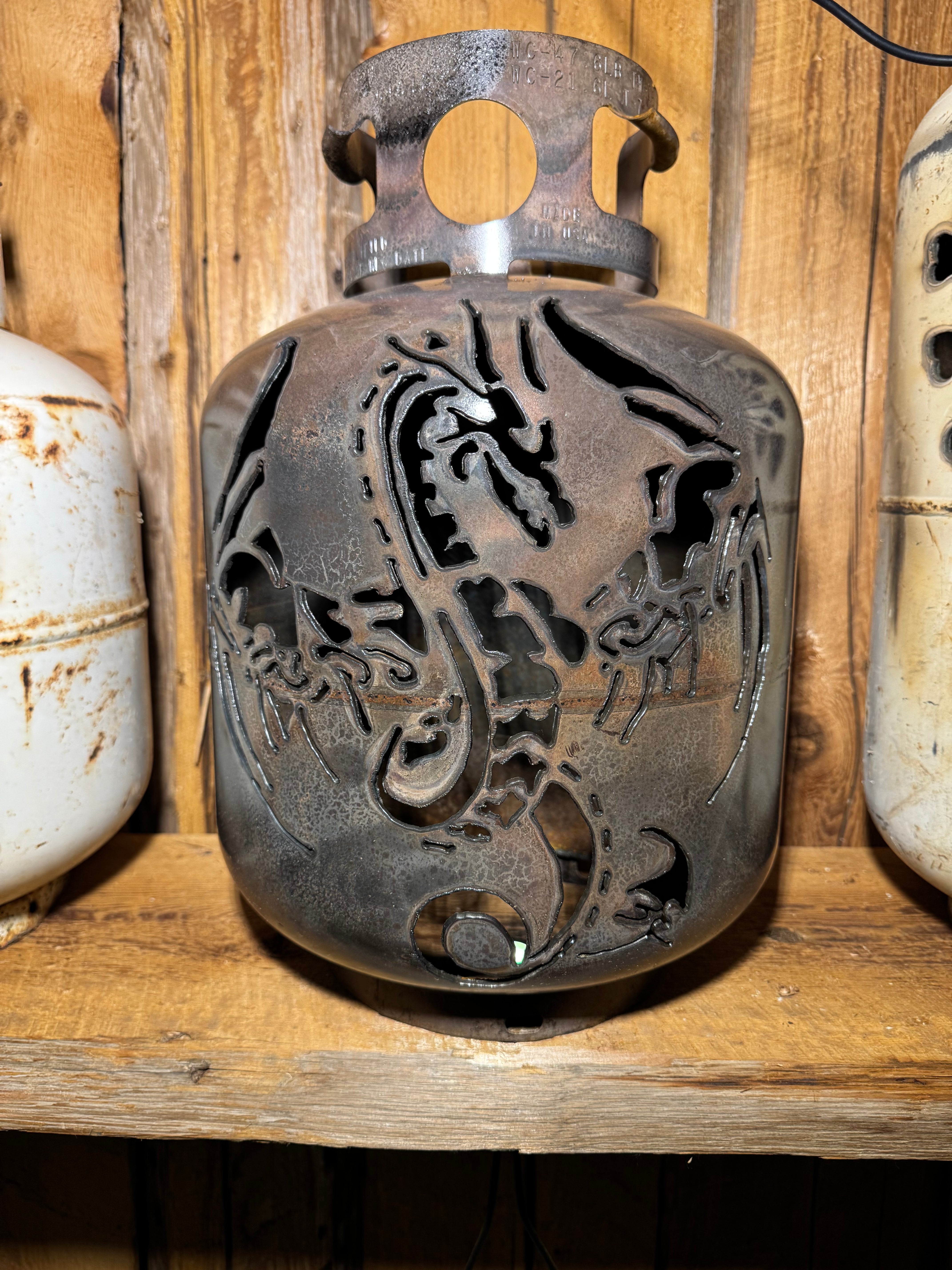 20lb Upcycled Patio Lantern, Dragon Burnt clear finish