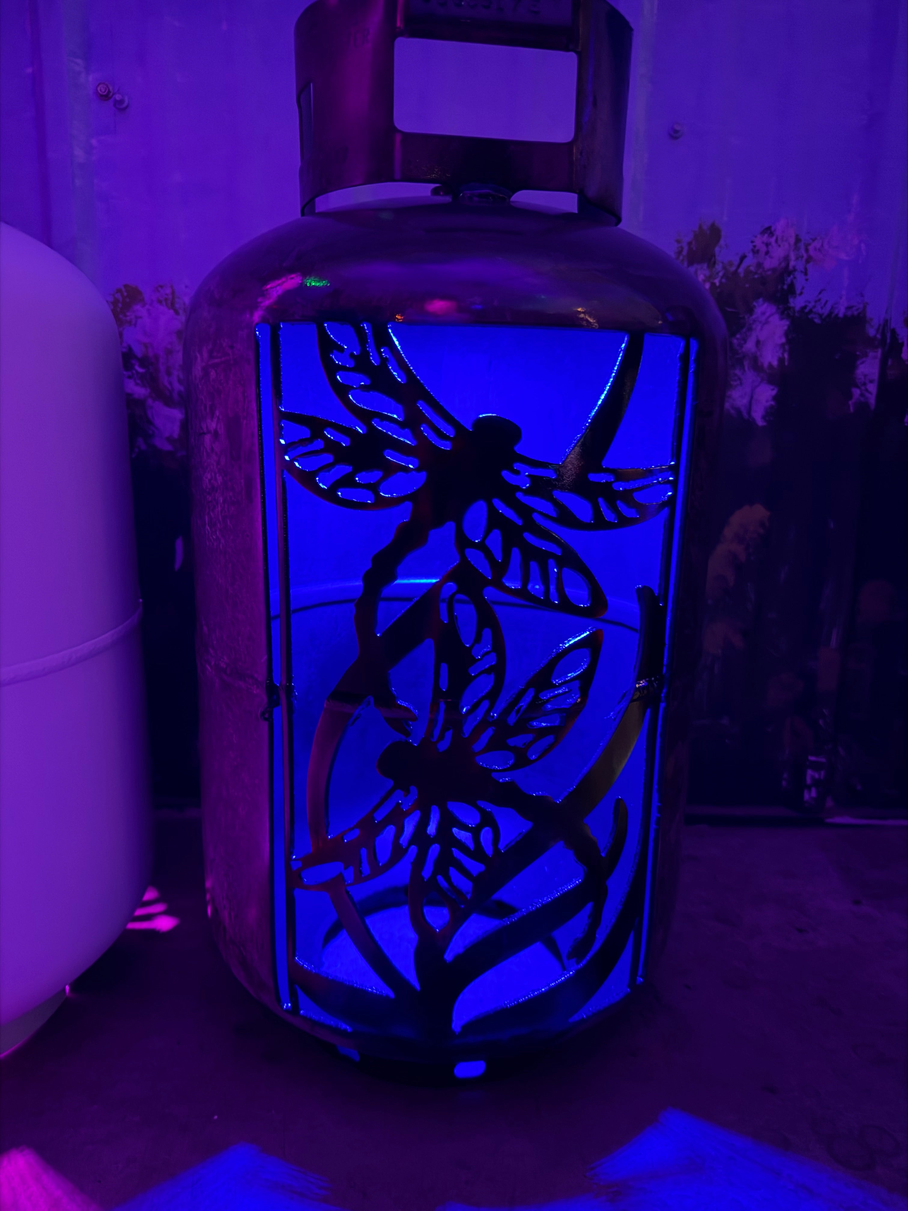 30lb Upcycled Patio Lantern, Double Dragonfly Airbrushed Patina Finish