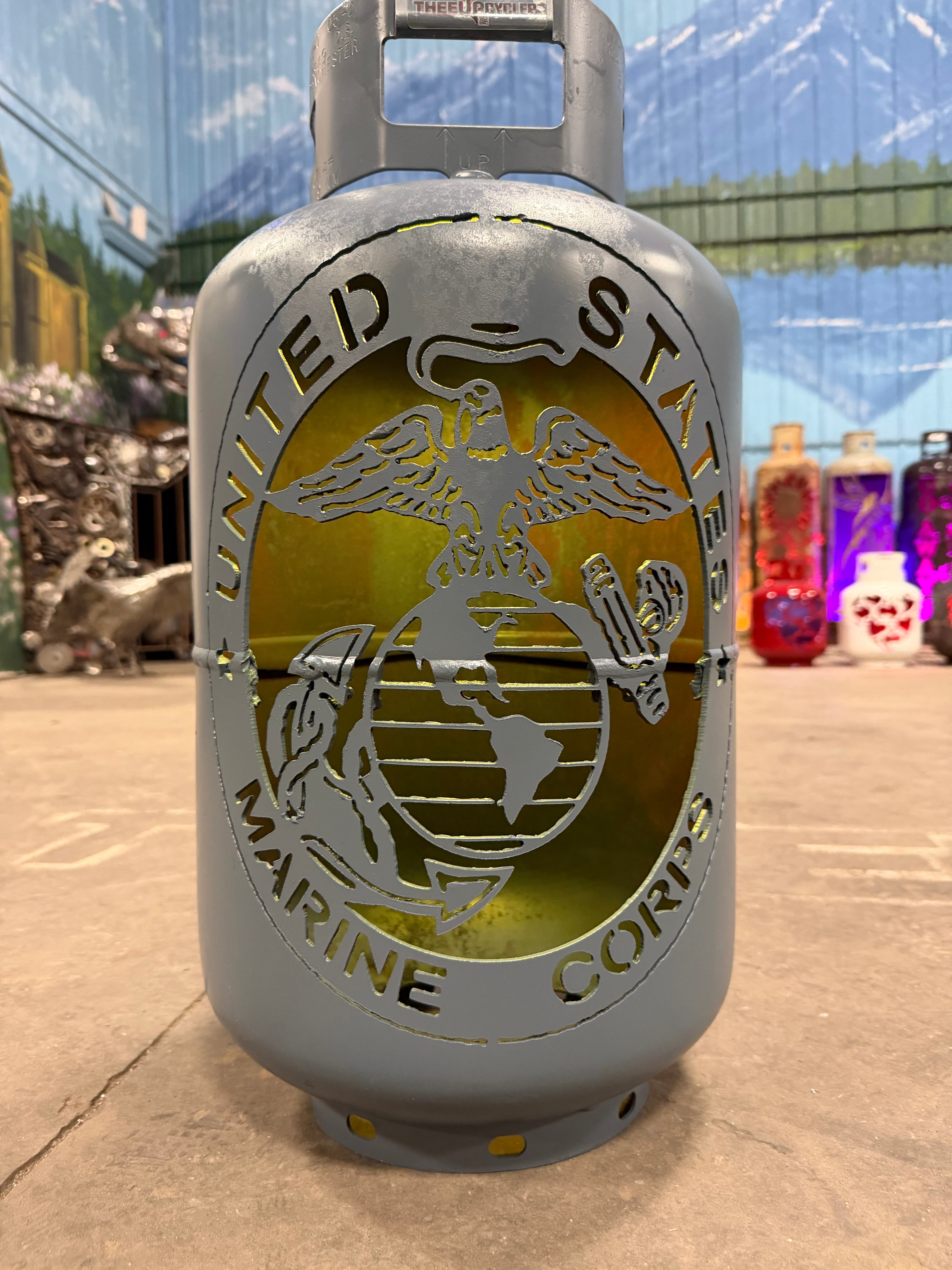 30lb Upcycled Patio Lantern, United Stated Marine Corps USMC USA Painted Grey