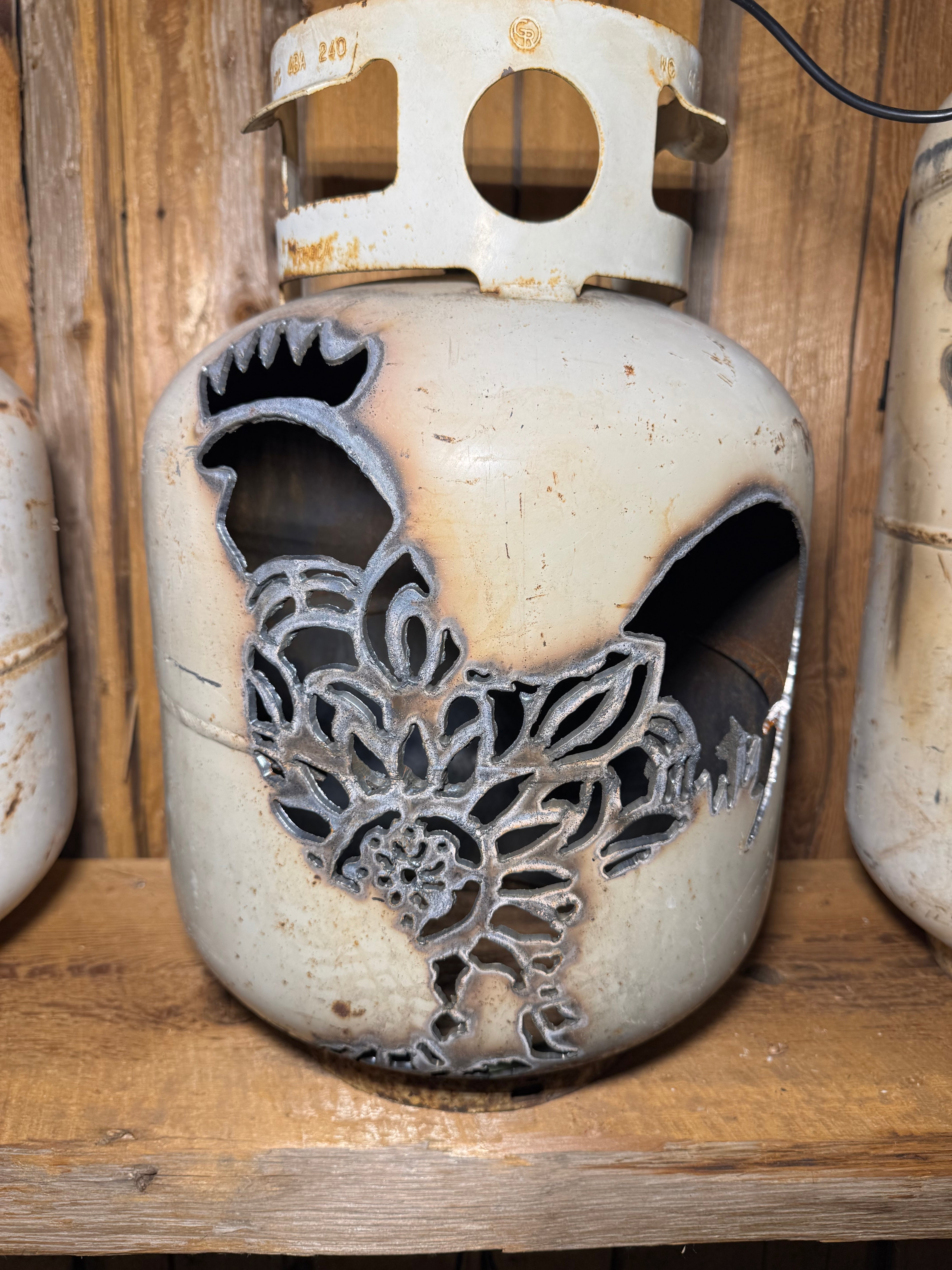20lb Upcycled Patio Lantern, Floral Rooster