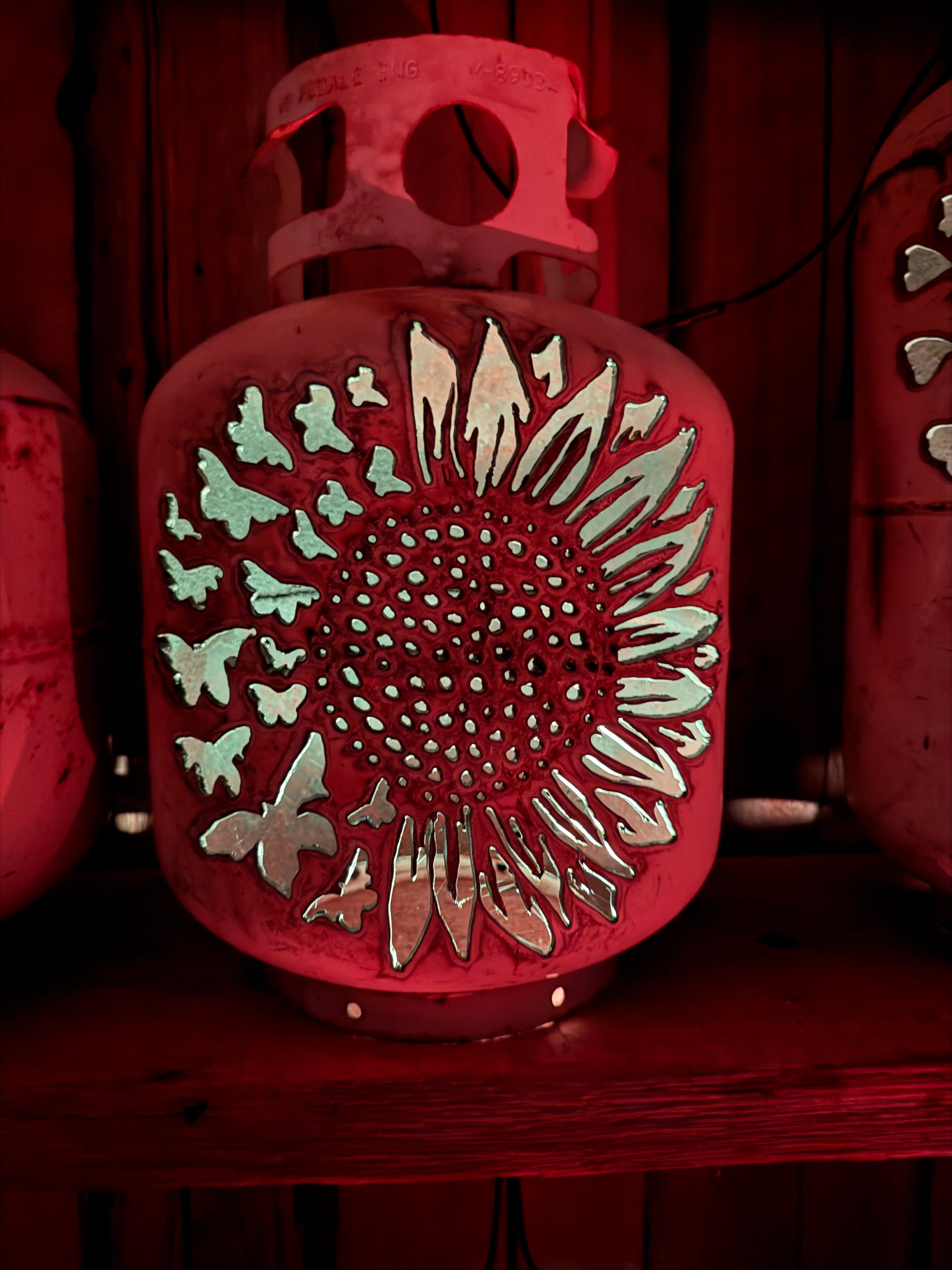20lb Upcycled Patio Lantern, Sunflower and Butterflies