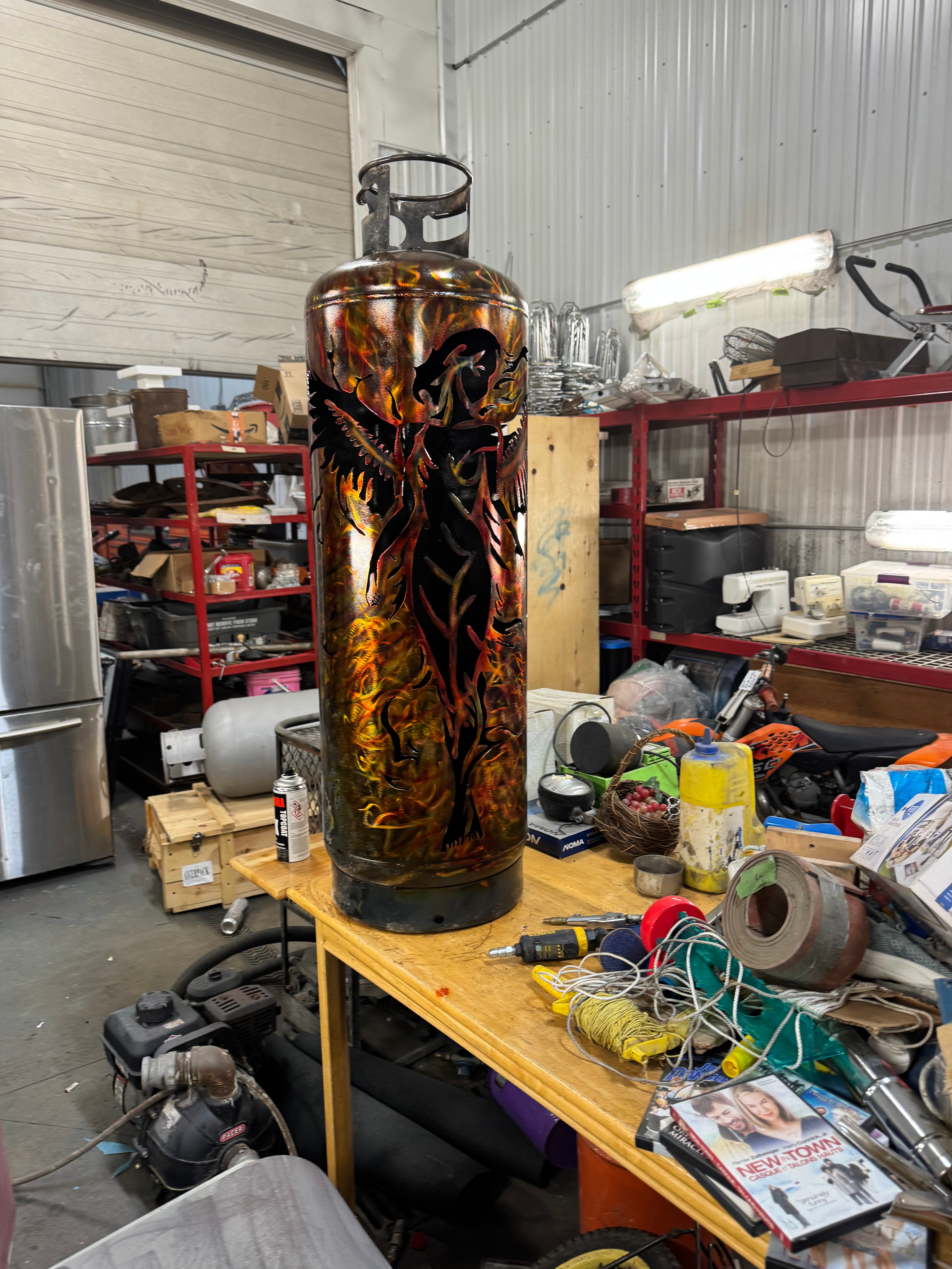 100lb Upcycled Patio Lantern, Angel With Flame Finish On A Burnt Bottle
