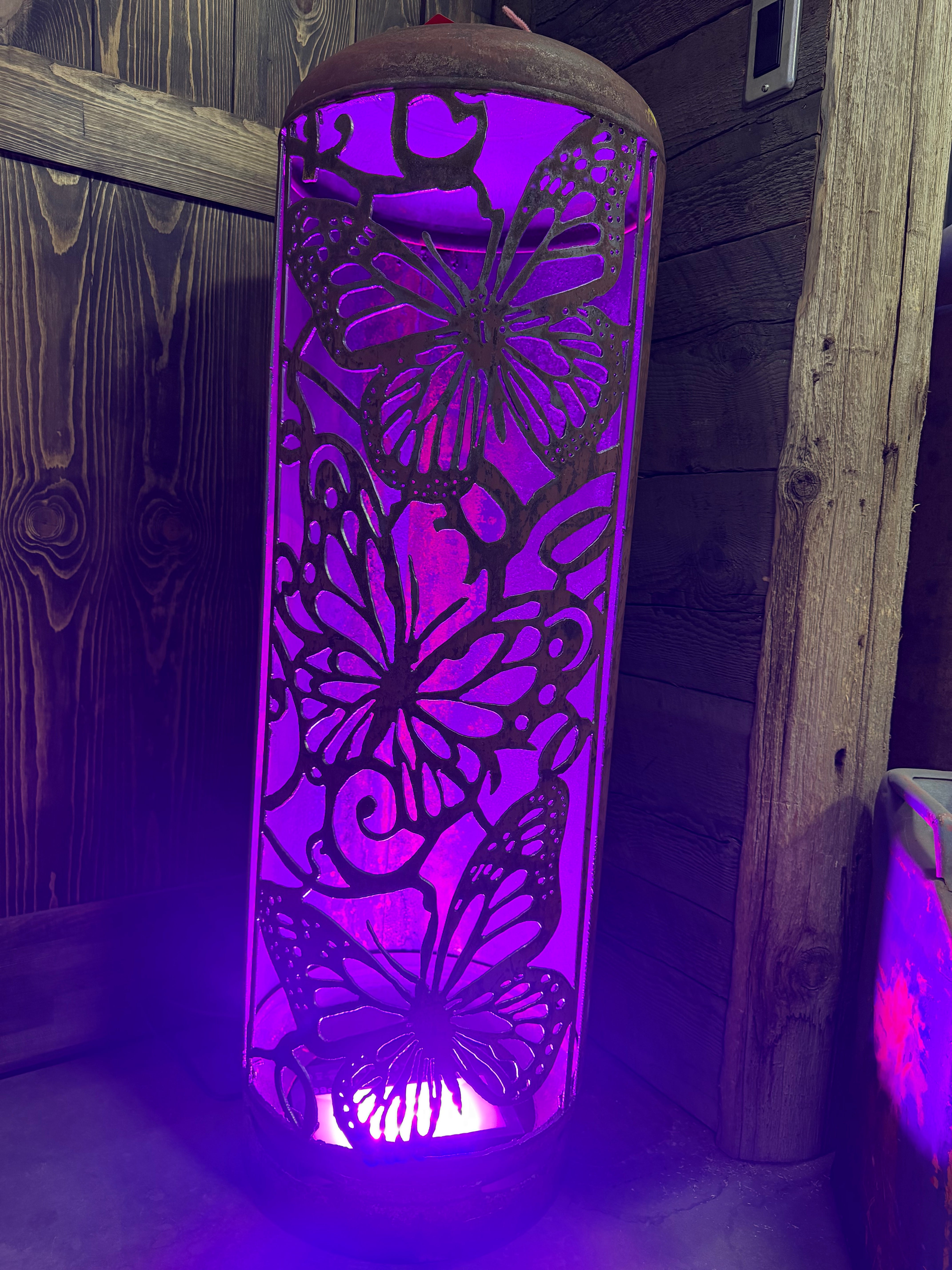 100lb Upcycled Patio Lantern, Mariposa 3 Butterfly Lantern Natural Finish
